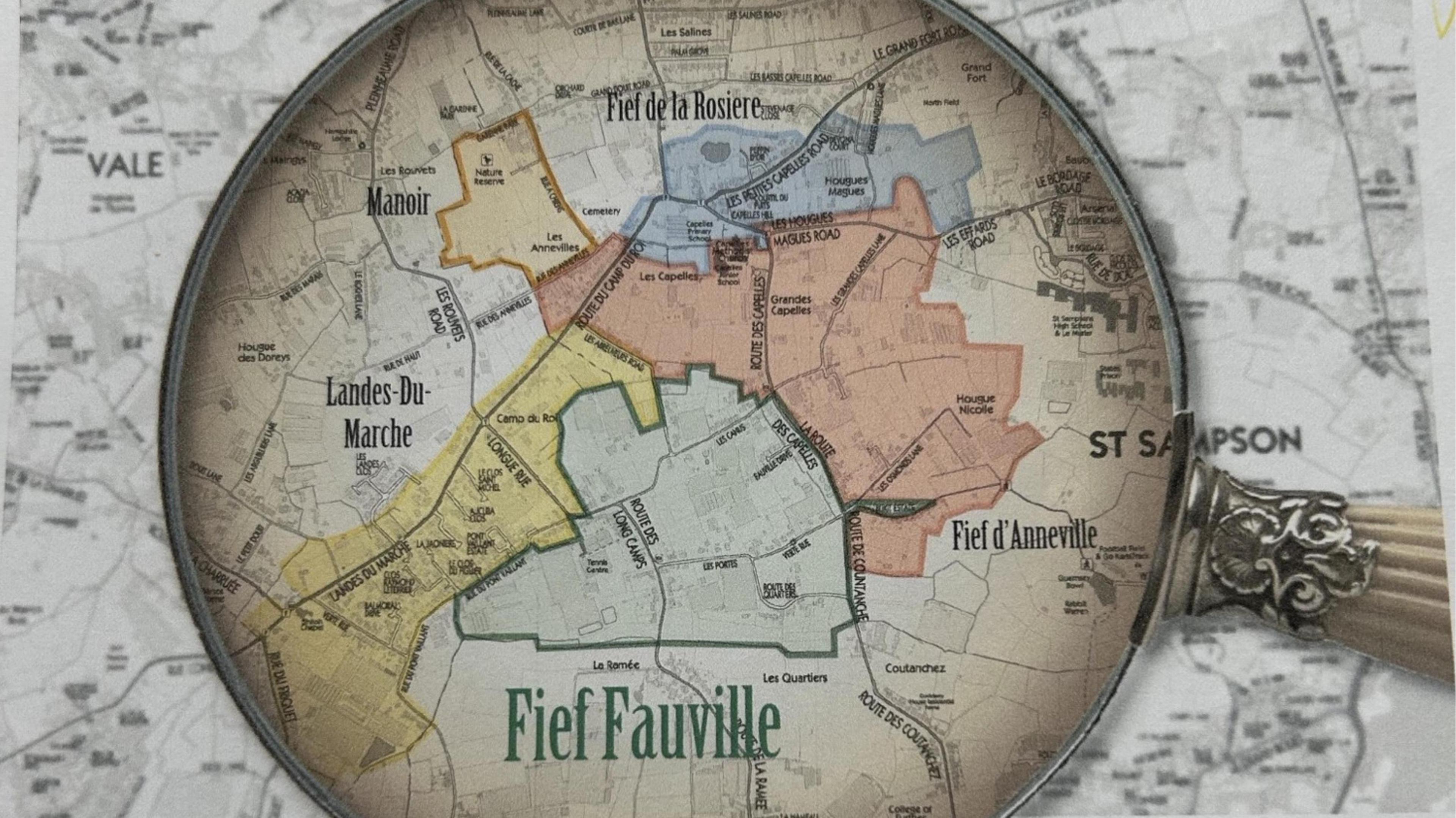 A magnifying glass focuses in on a section of a map of Guernsey in this montage image. The words 'Fief Fauville' can be seen, along with 'St Sampson' and borders around different areas of the island.