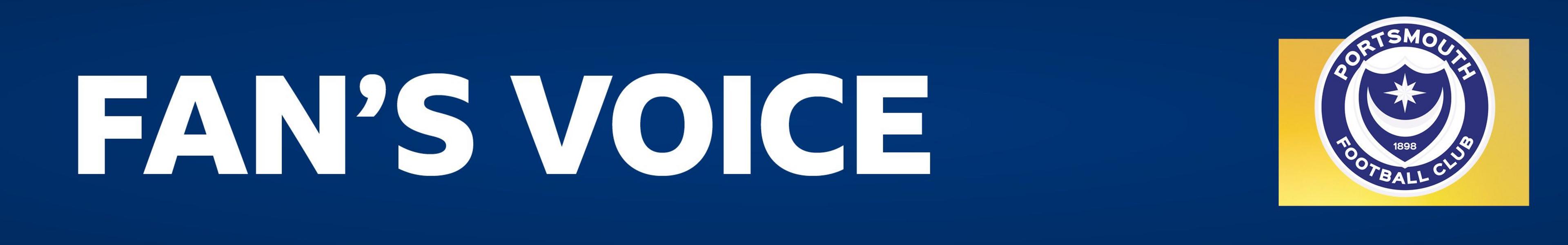 Portsmouth fan's voice banner on a navy blue background with the club badge at the end of it on a yellow background