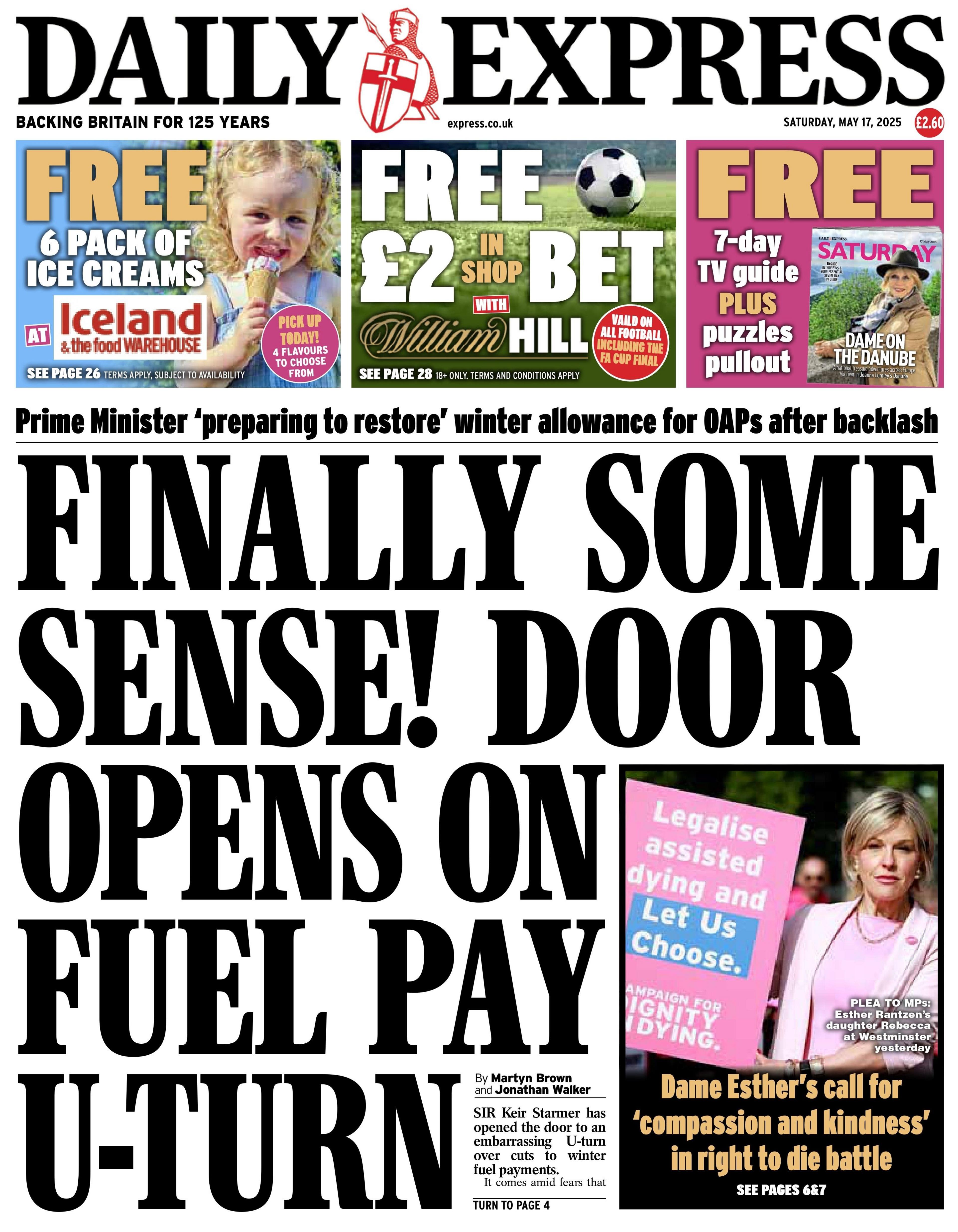 Front page of the Daily Express reads "Finally some sense! Door opens on fuel pay U-turn".