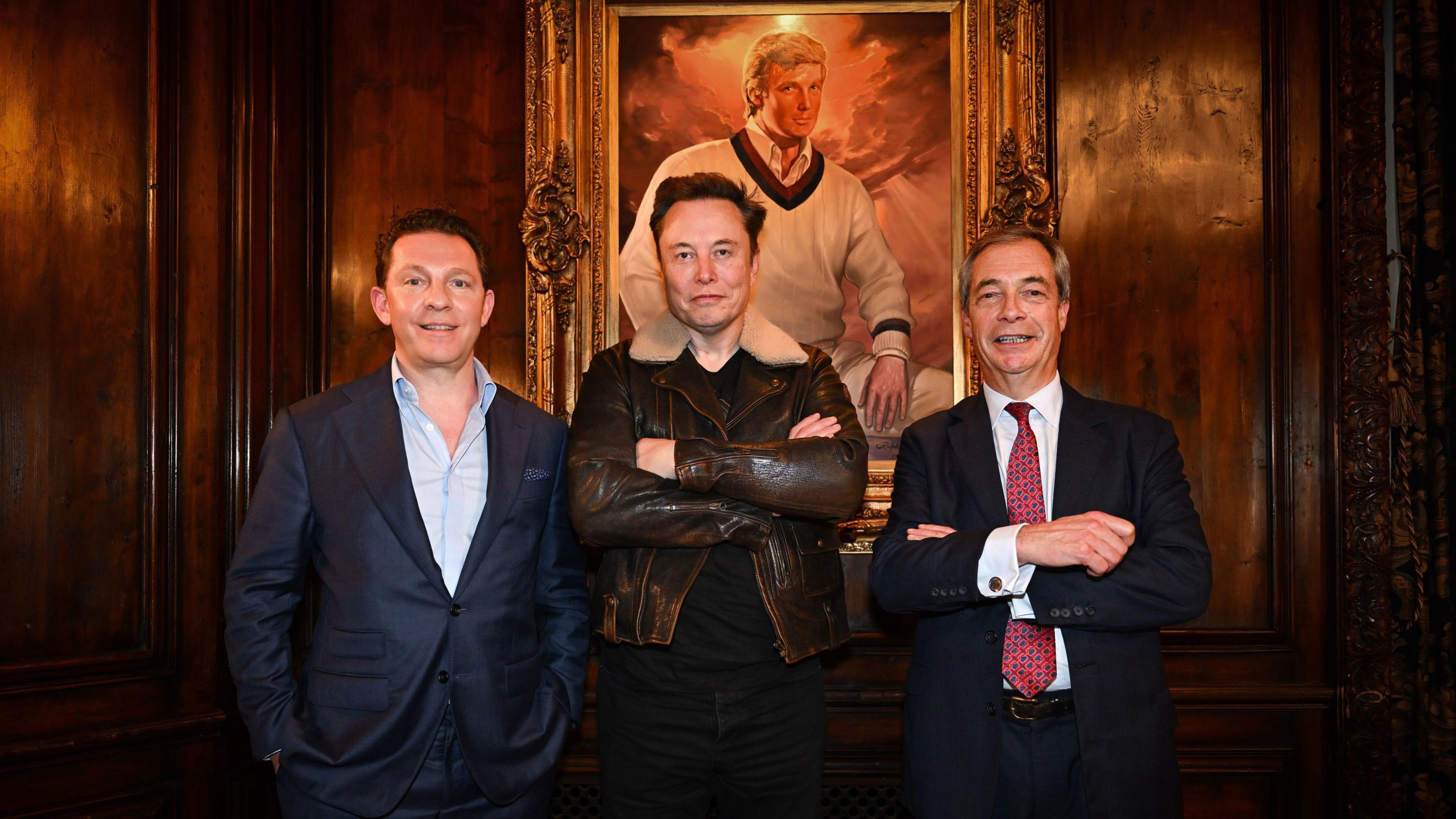 Nick Candy, Elon musk and Nigel Farage pose for a photo