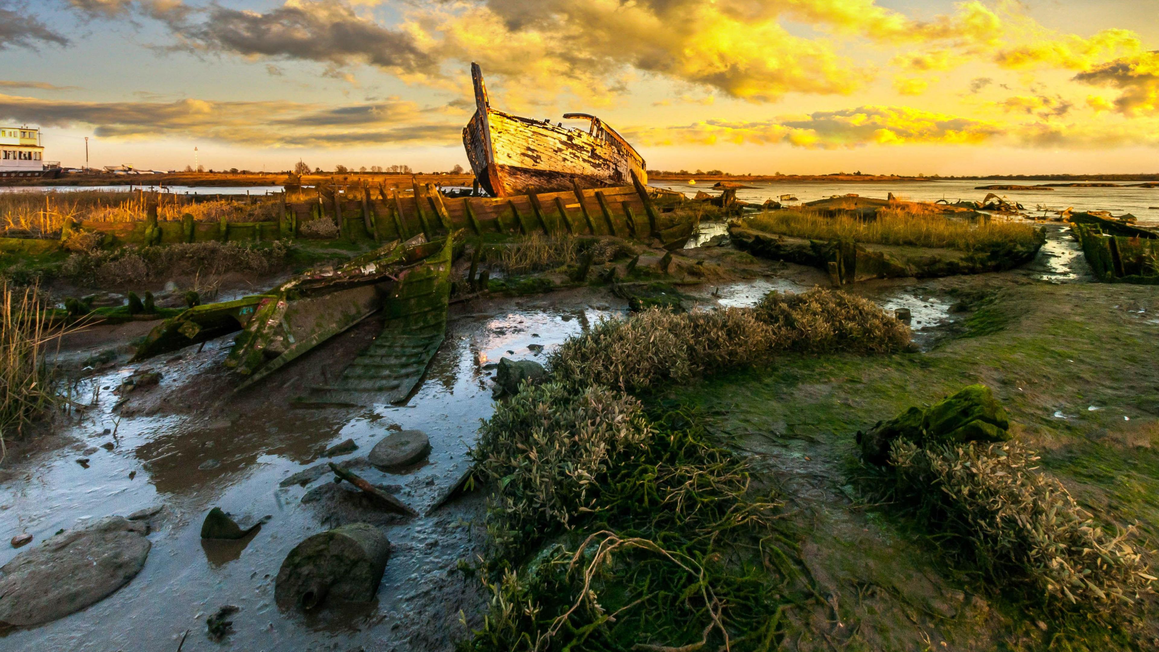 Maldon Saltmarsh, showing a large golden sky and a boat wreck in a marsh.