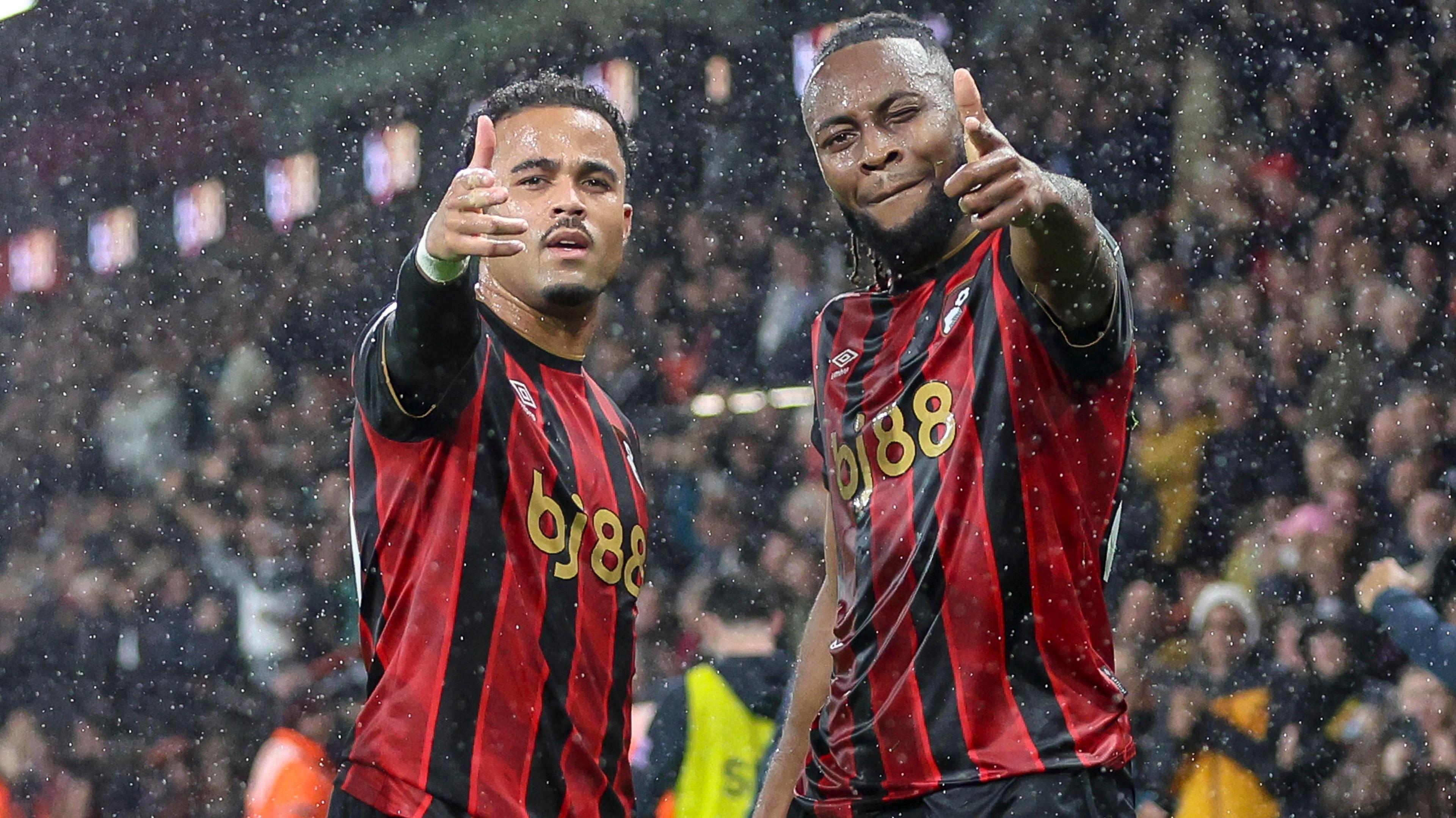 Bournemouth's Antoine Semenyo celebrates after he scores a goal to make it 3-1 with fellow scorer Justin Kluivert during the Premier League match v Fulham.