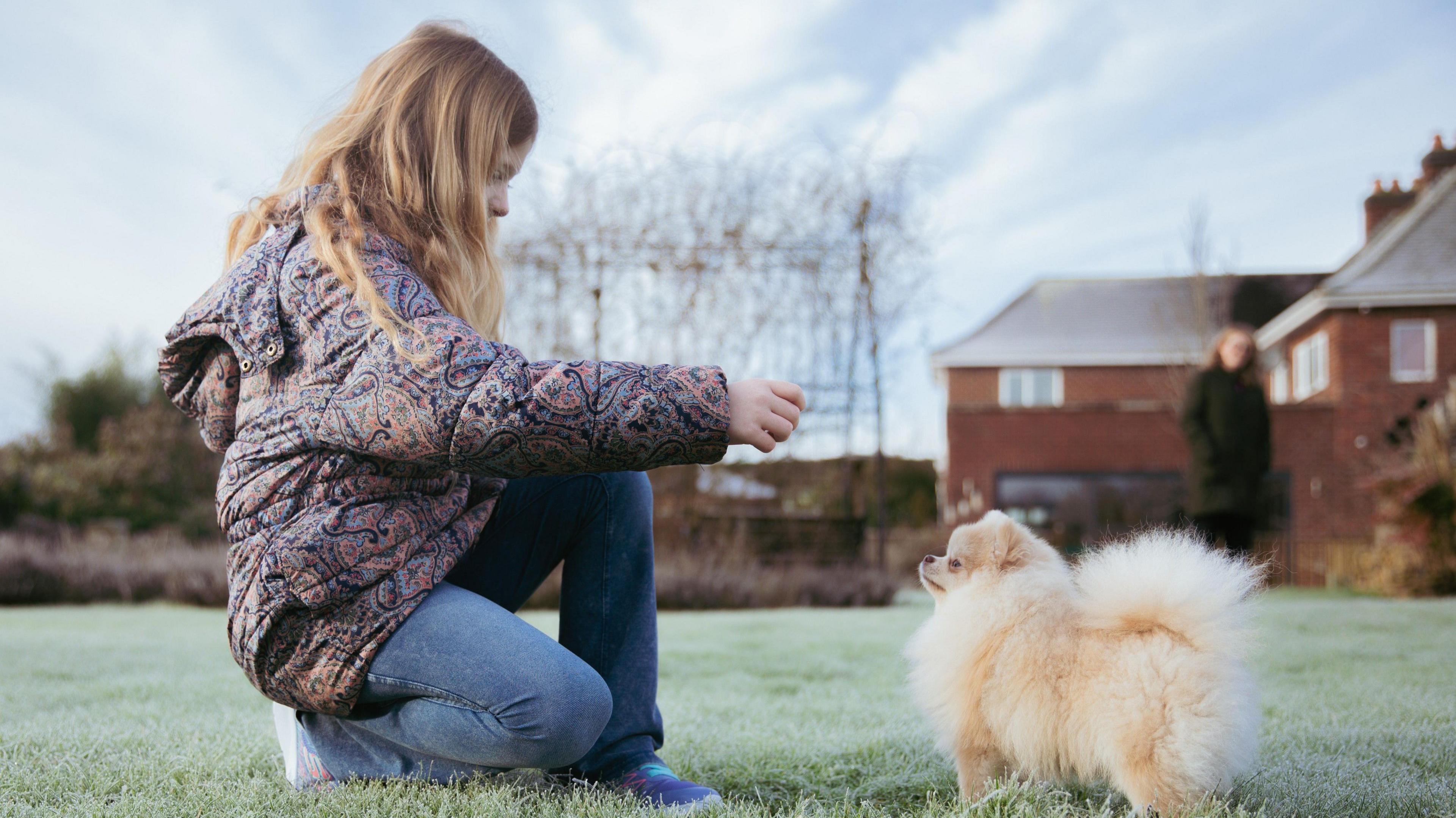 A young girl, Rozalyn, is crouching on a frosty lawn, interacting with a small Pomeranian dog, Rosa.
