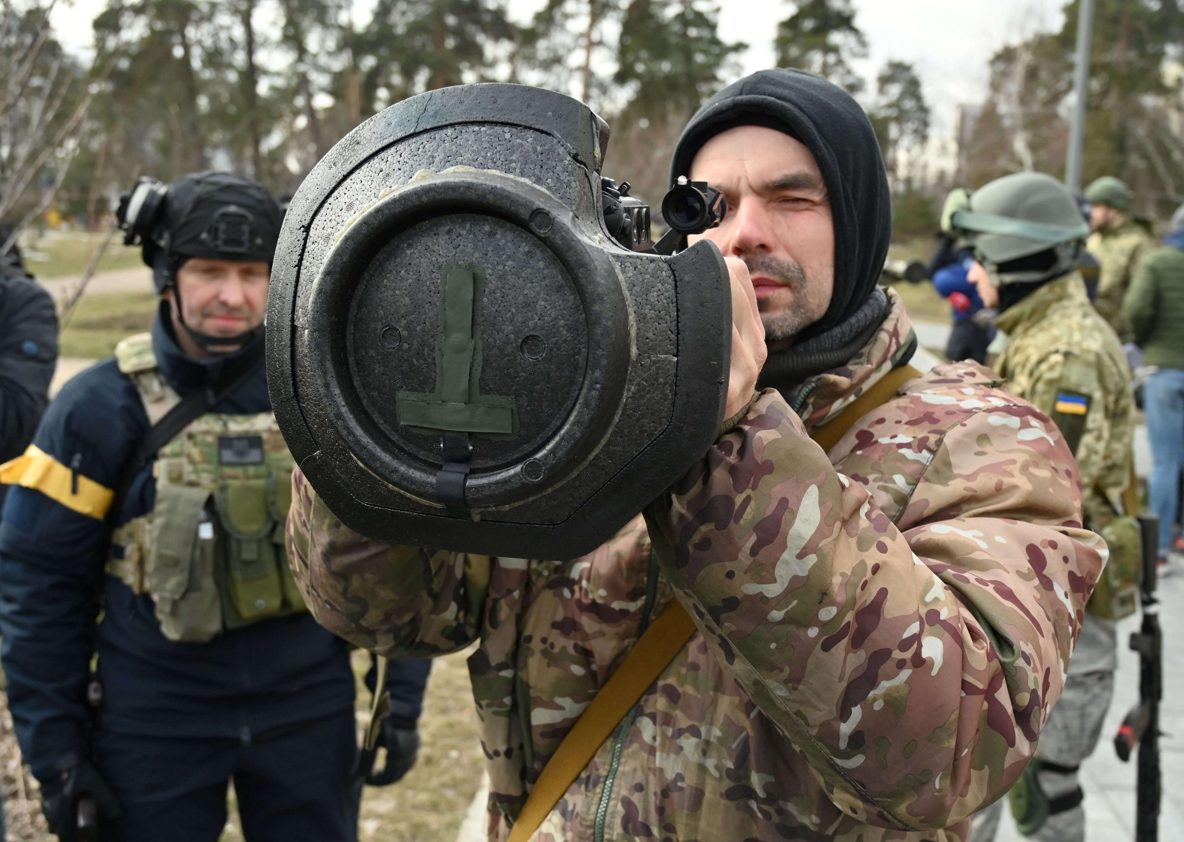 Ukrainian soldier with Nlaw anti-tank weapon