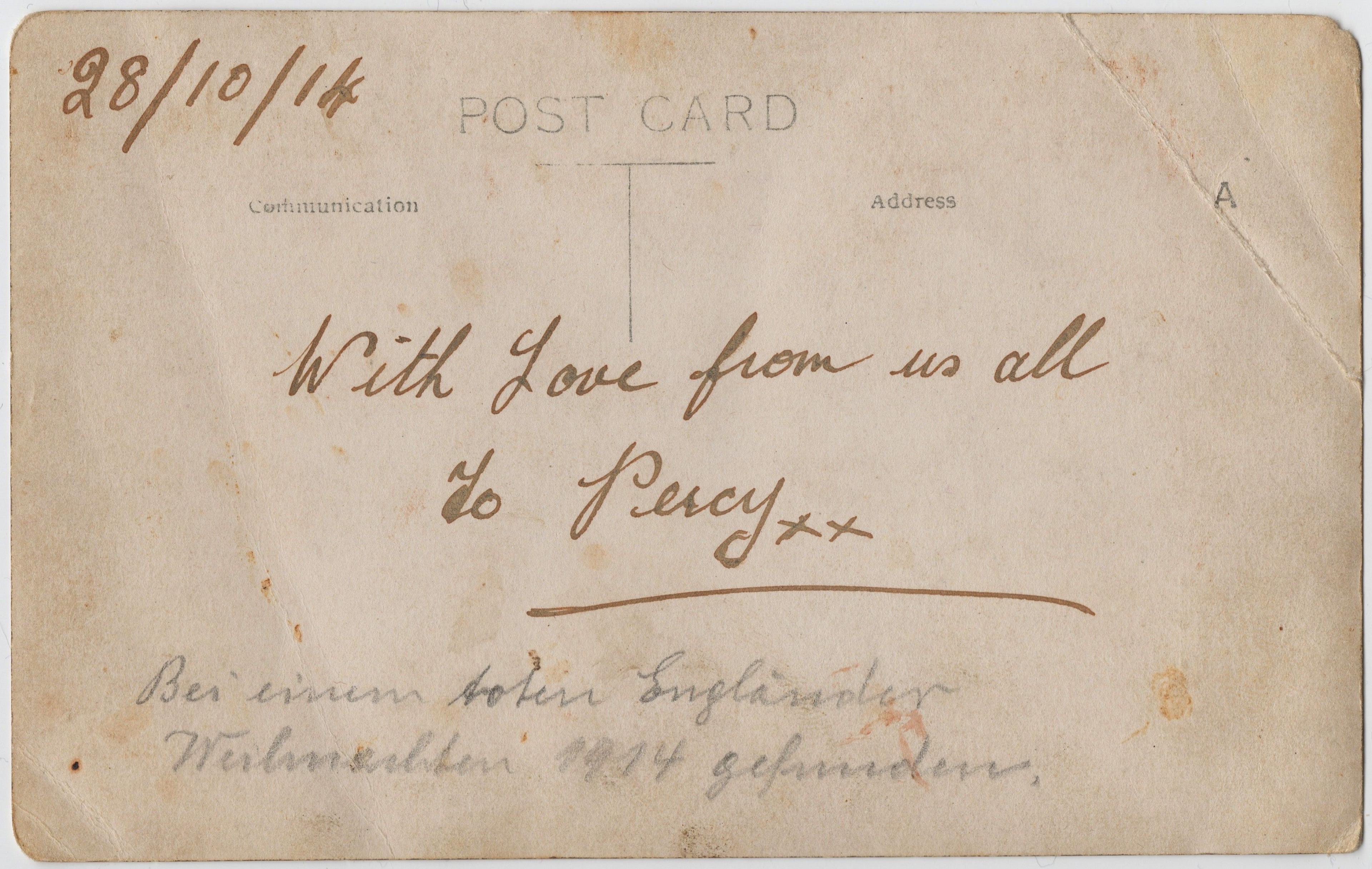 A World War One postcard dated 28 September 1914 which says 'with love from us all to Percy xx'