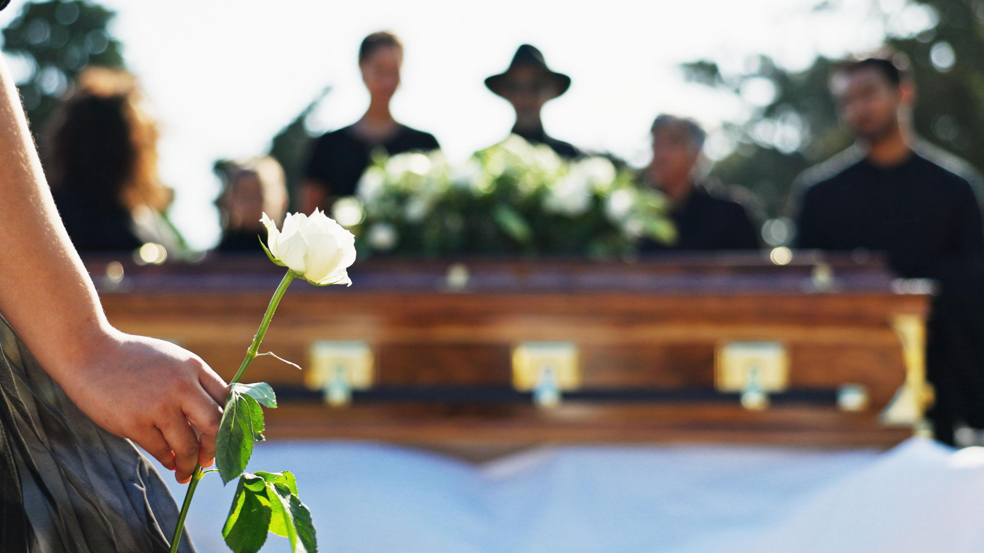A woman is seen holding a white rose as a funeral gets underway at a cemetery