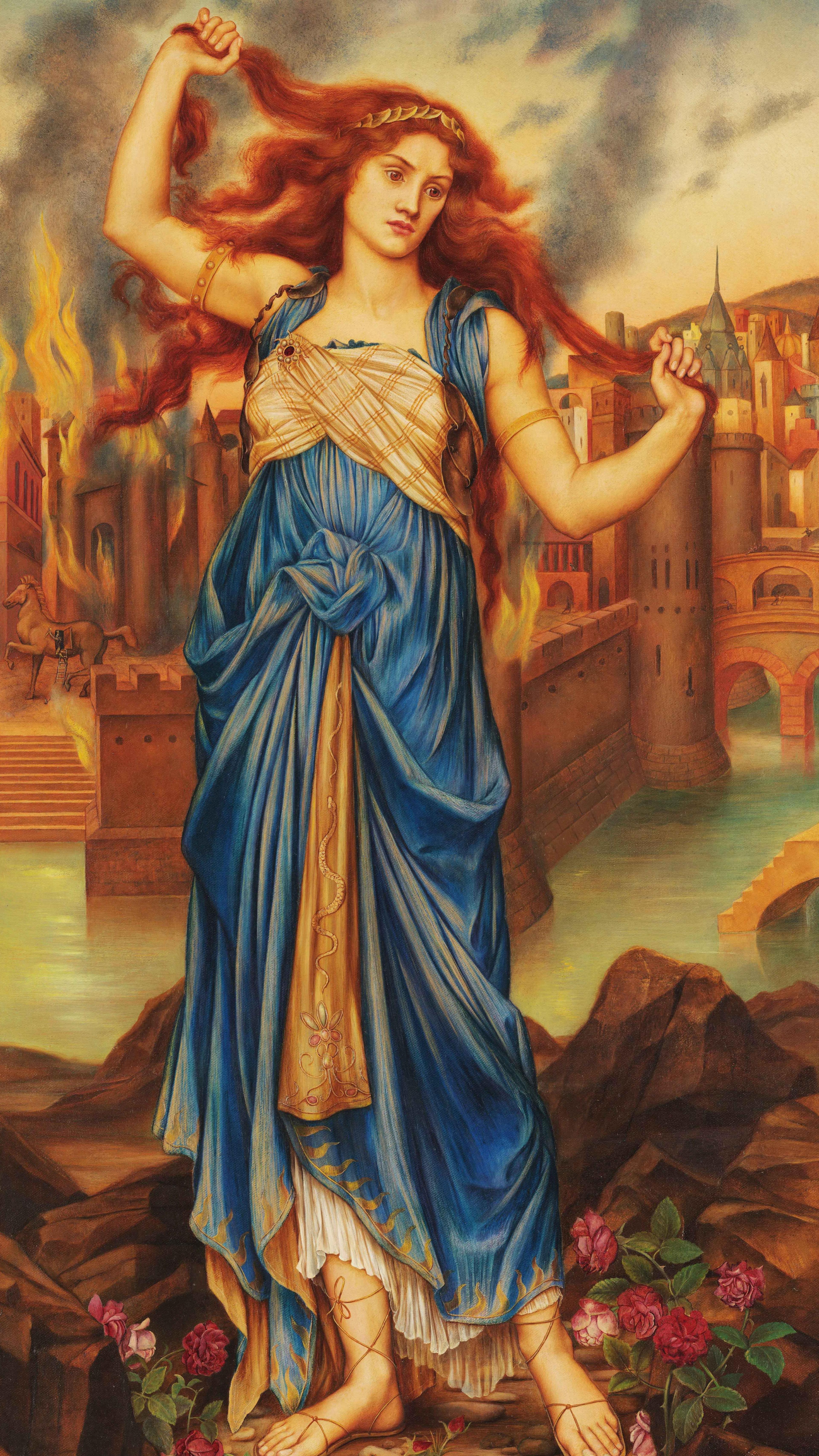 In bright blue robes, the prophetess Cassandra writhes in fury. The siege of Troy she predicted unfolds around her, a small Trojan Horse just visible across the river.