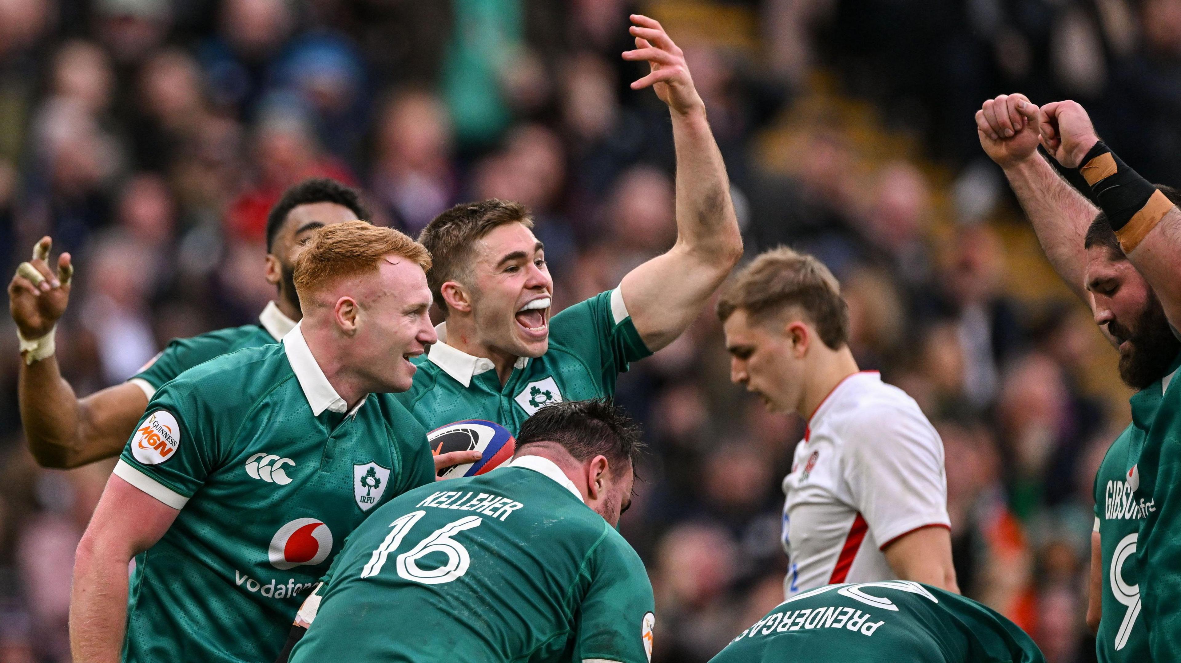 Ireland players celebrate during their win over England at Twickenham