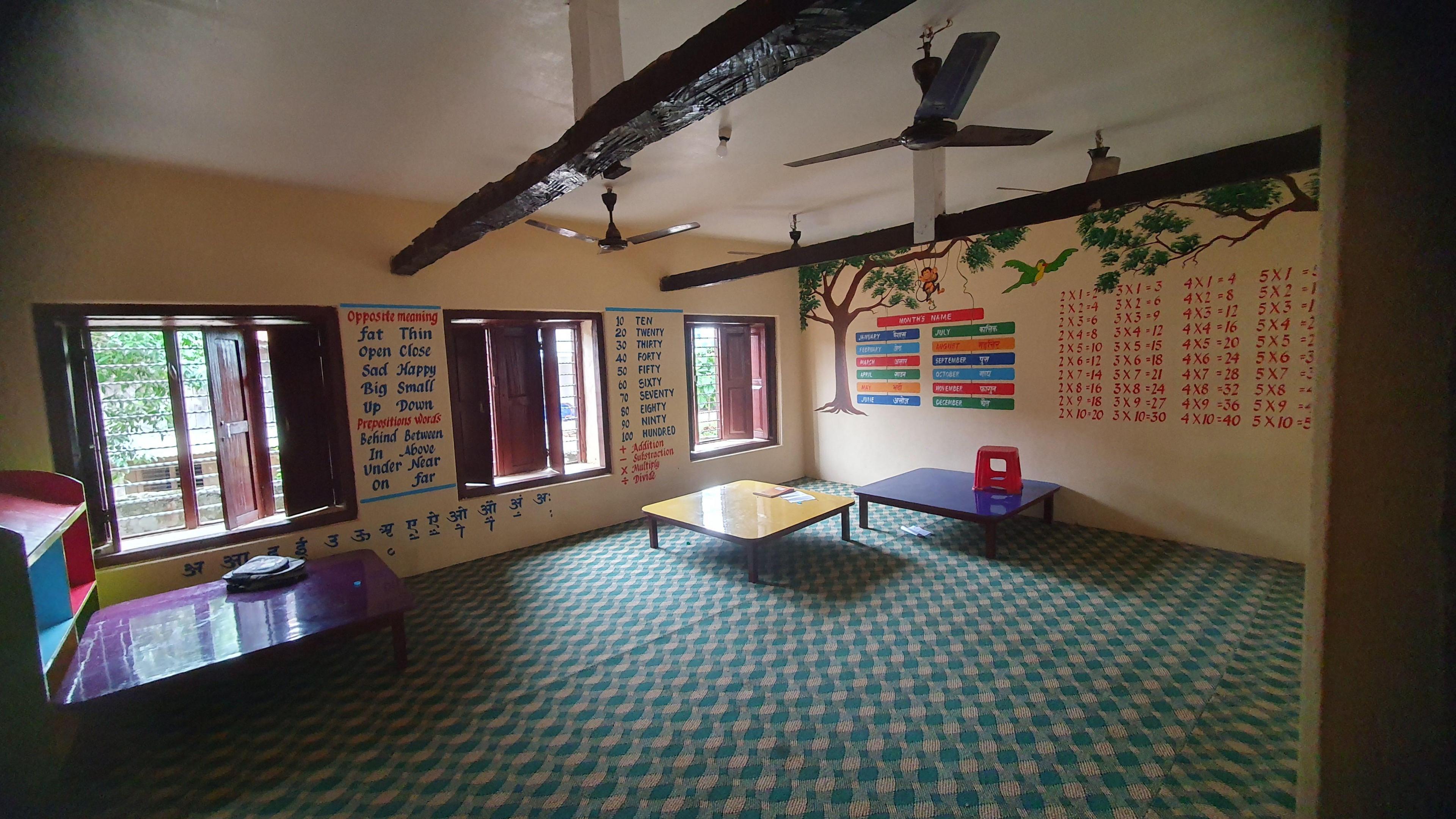 A classroom with three tables and a patterned carpet. Timetables and English words decorate the walls.