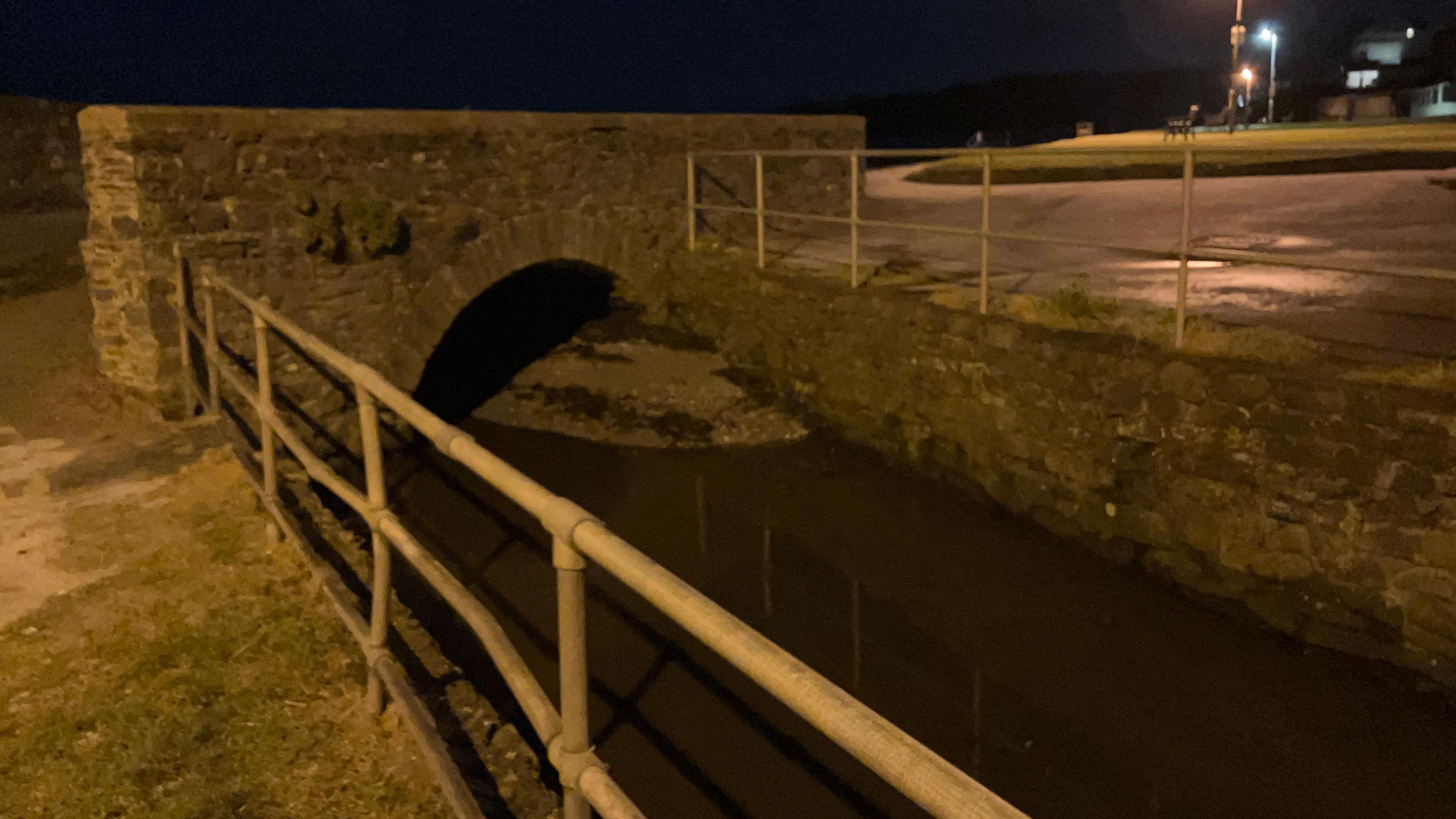 A river with metal railings on either side and a stone bridge over it.