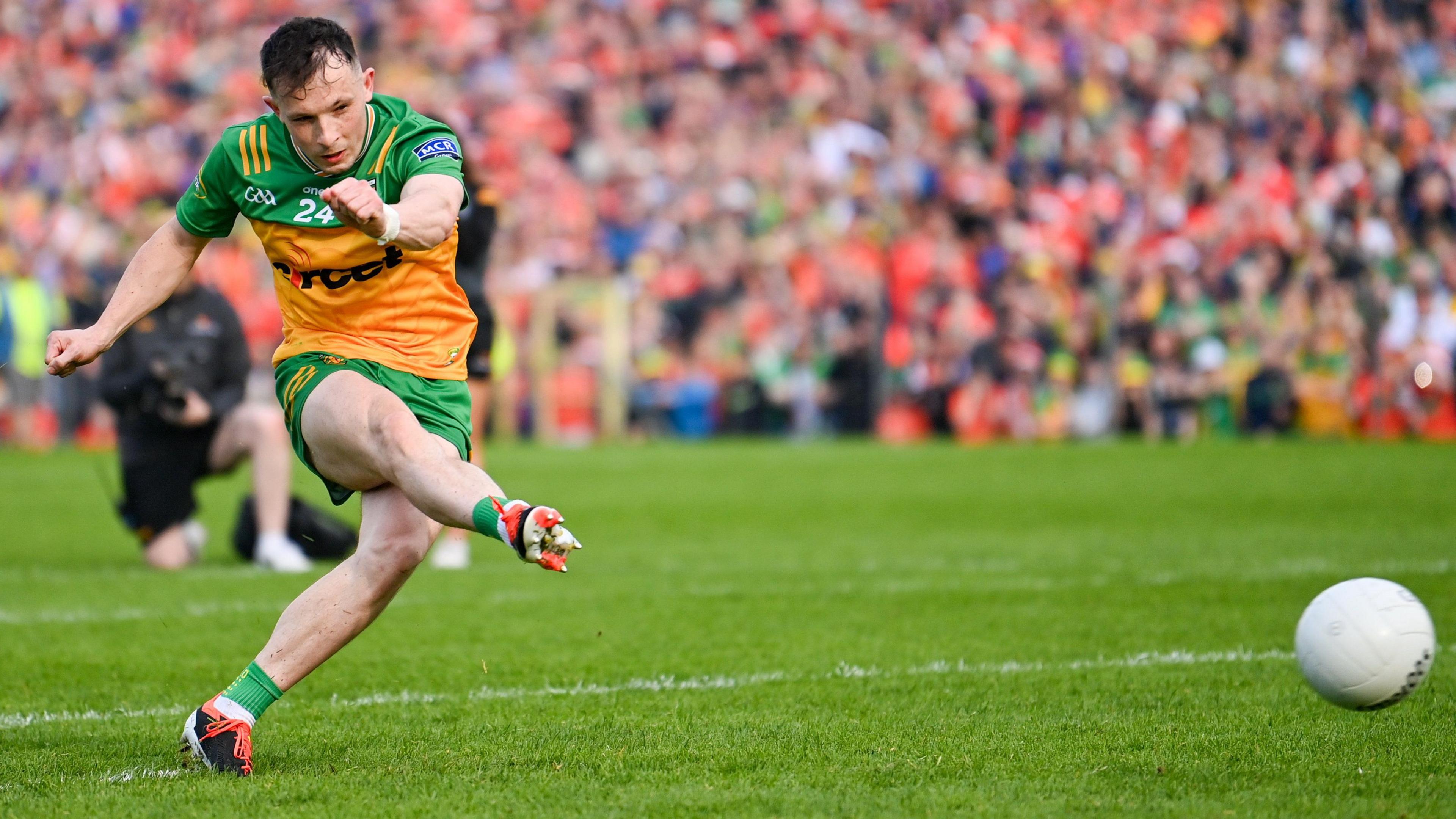 Glencolmcille man Aaron Doherty hits one of his two successful penalties in the shootout