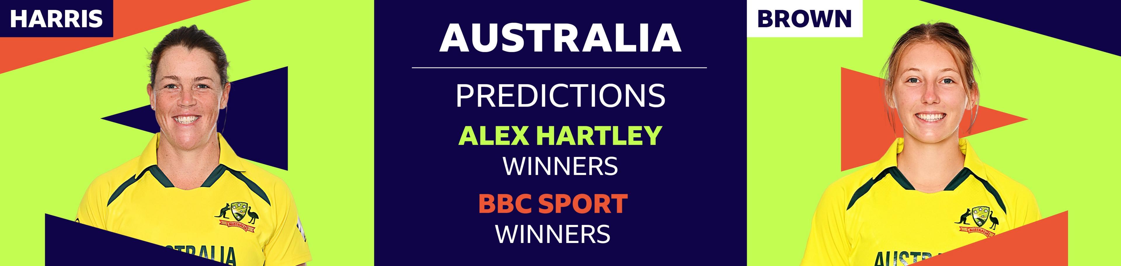 A banner image showing Alex Hartley has picked Grace Harris and Darcie Brown as her two Australia players to watch at the Women's T20 World Cup 2023. Hartley has predicted Australia will win the tournament, as has BBC Sport's cricket writer Ffion Wynne