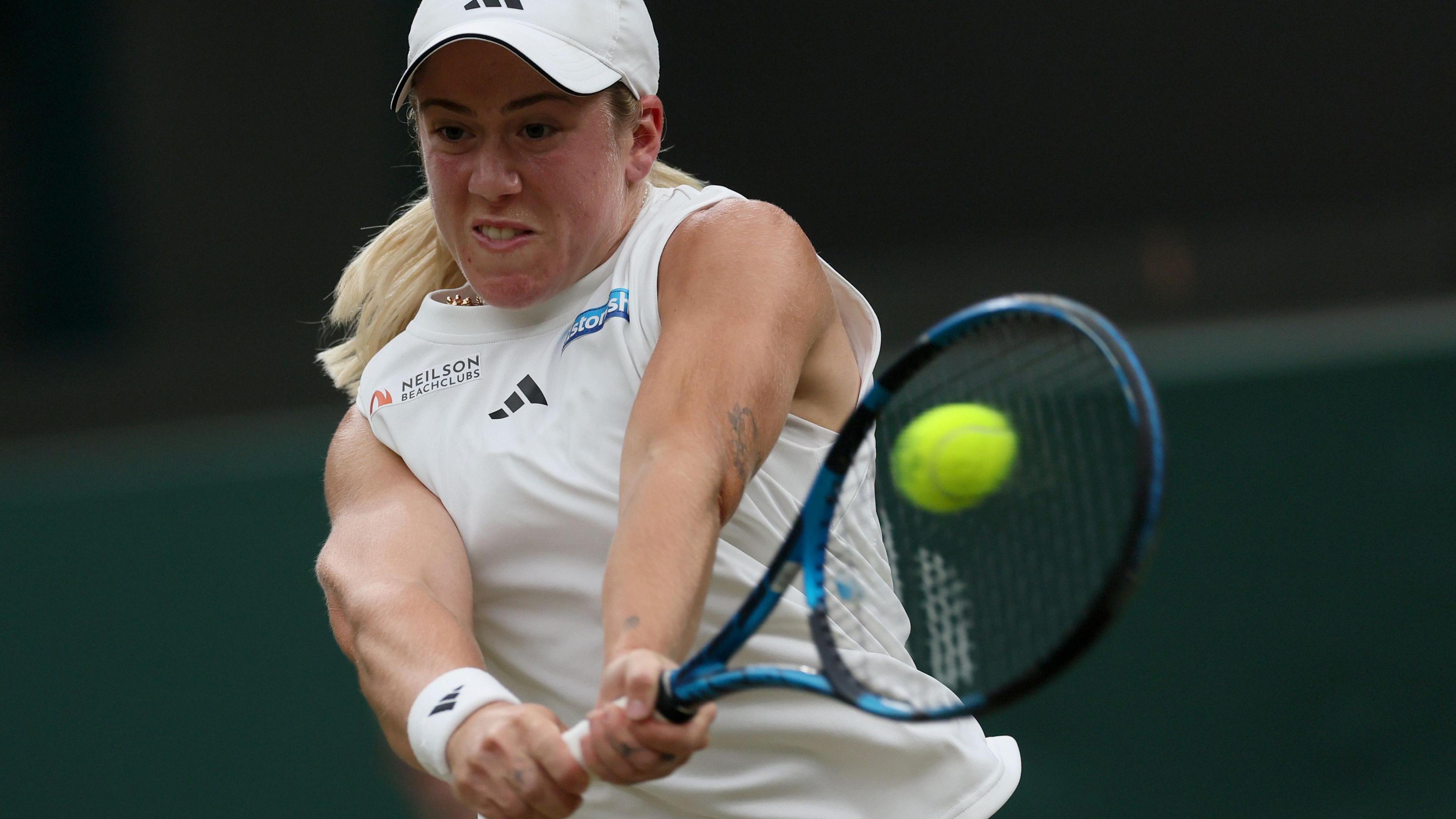 Sonay Kartal plays a backhand during her Wimbledon third-round match against Coco Gauff