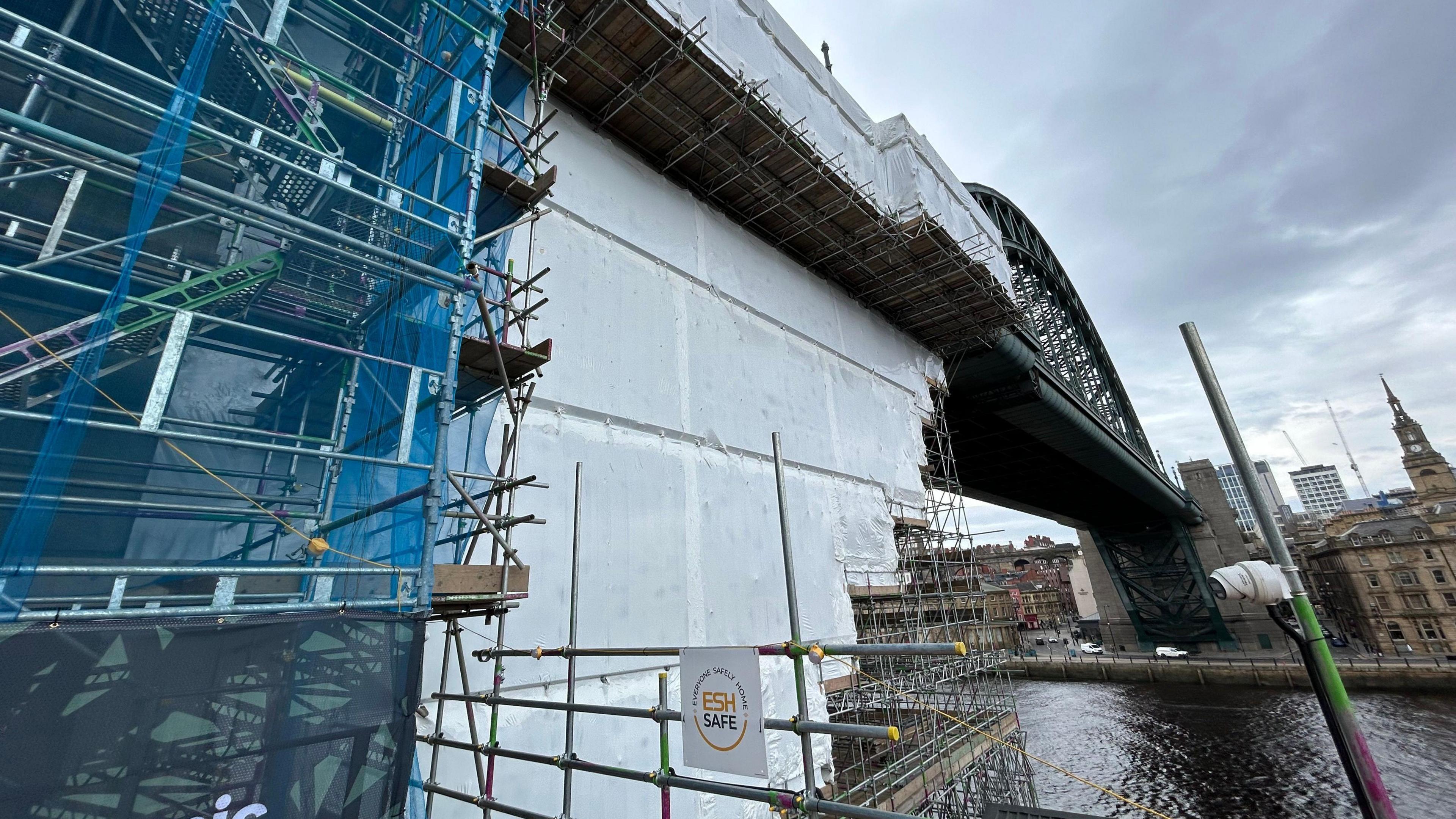 Scaffolding around the Tyne Bridge ahead of the start of its restoration