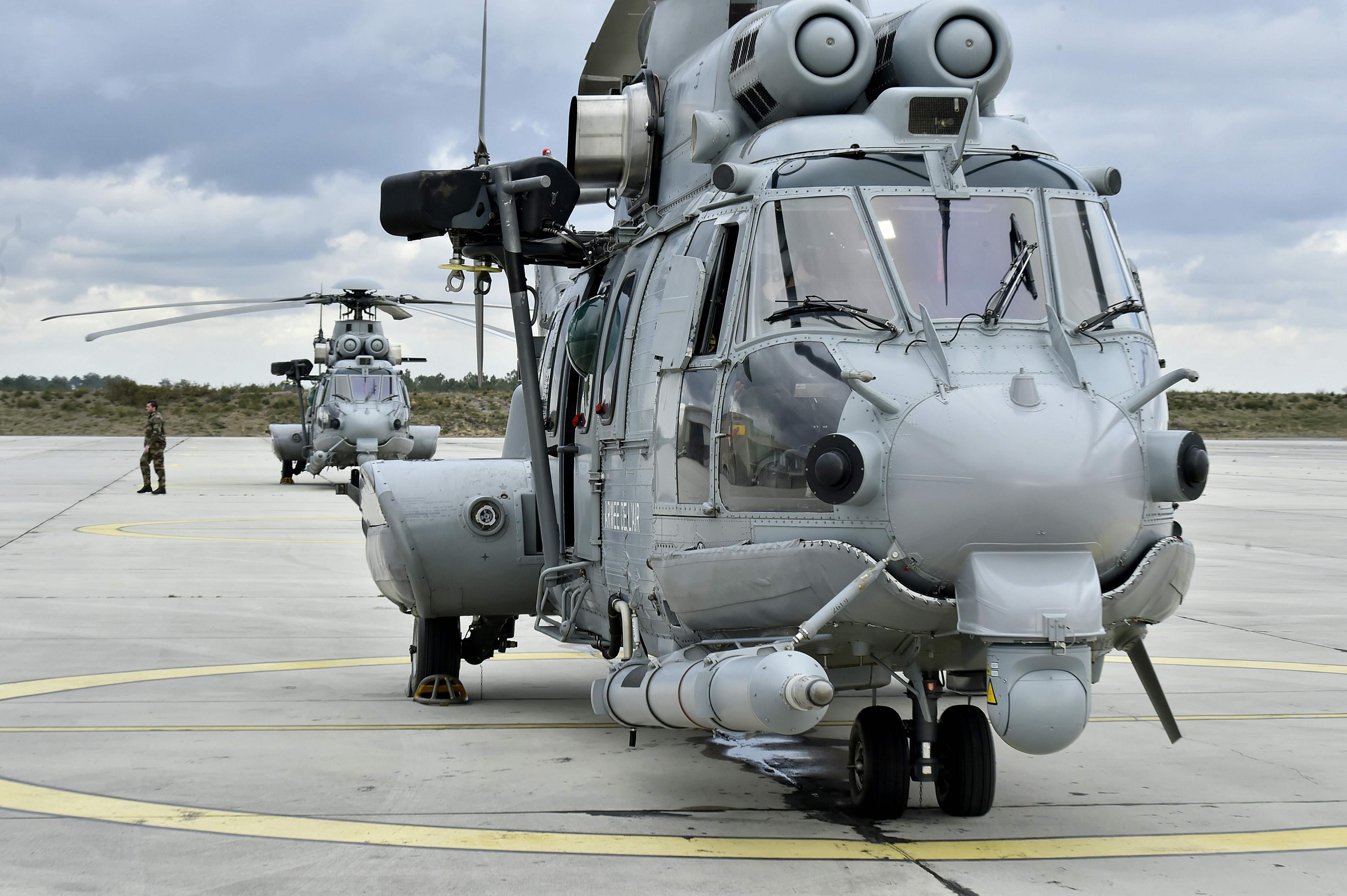 This picture taken on February 24, 2016, shows a French Caracal helicopter prior to an air-to-air refuelling exercise