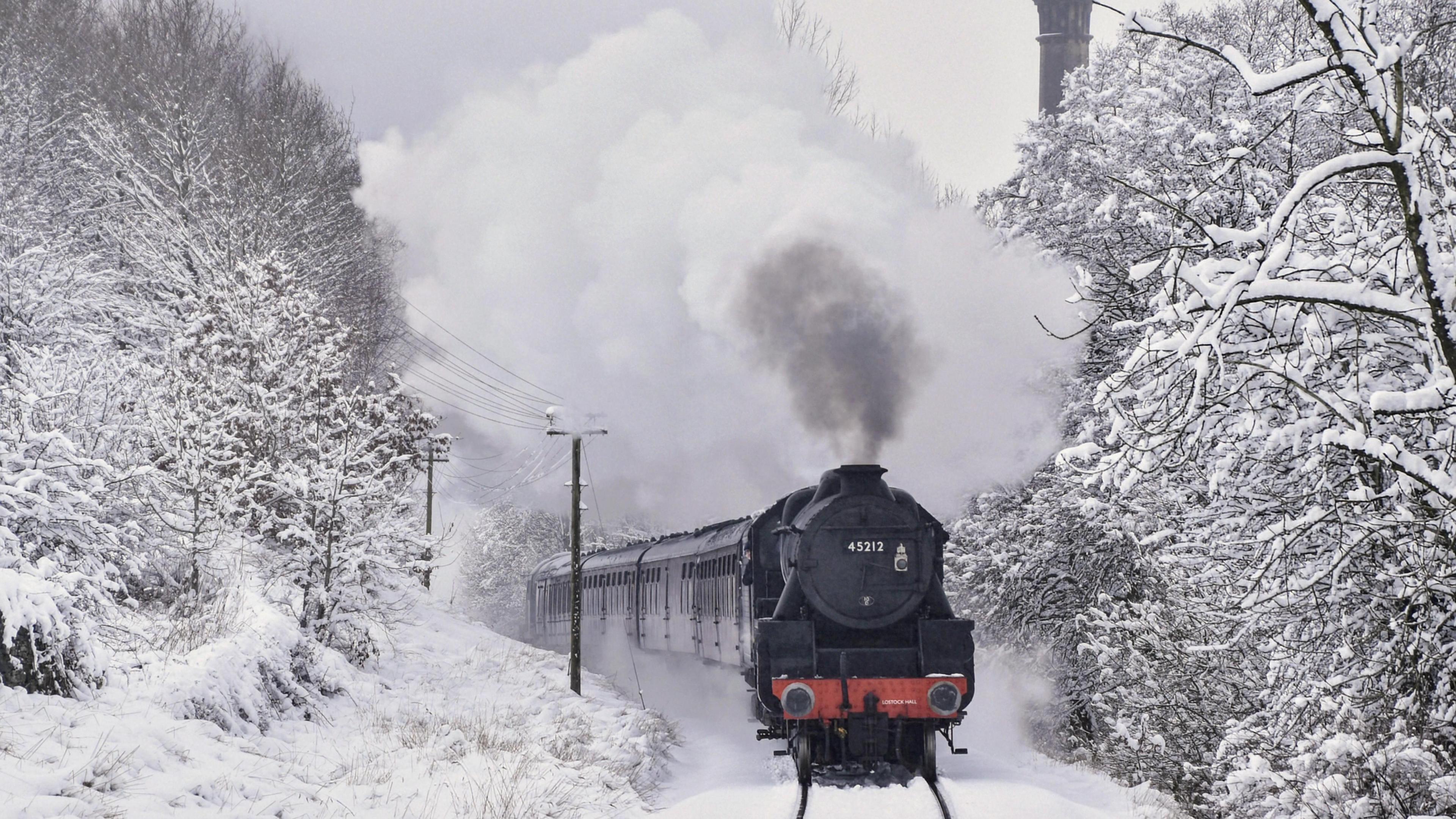 Steam train moving through snow-covered track lined with snow-covered trees 