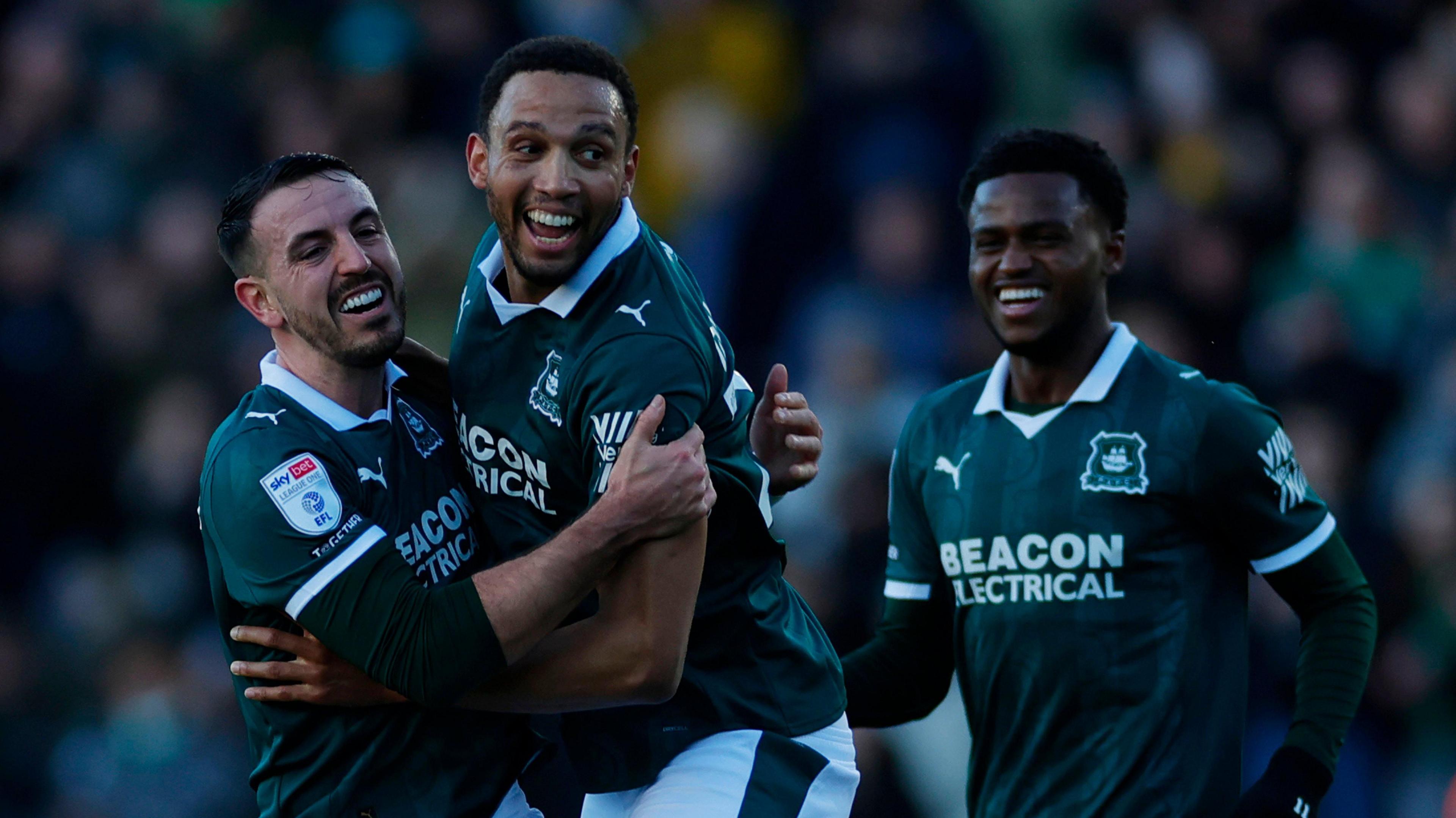 Brendan Galloway celebrates a Plymouth goal