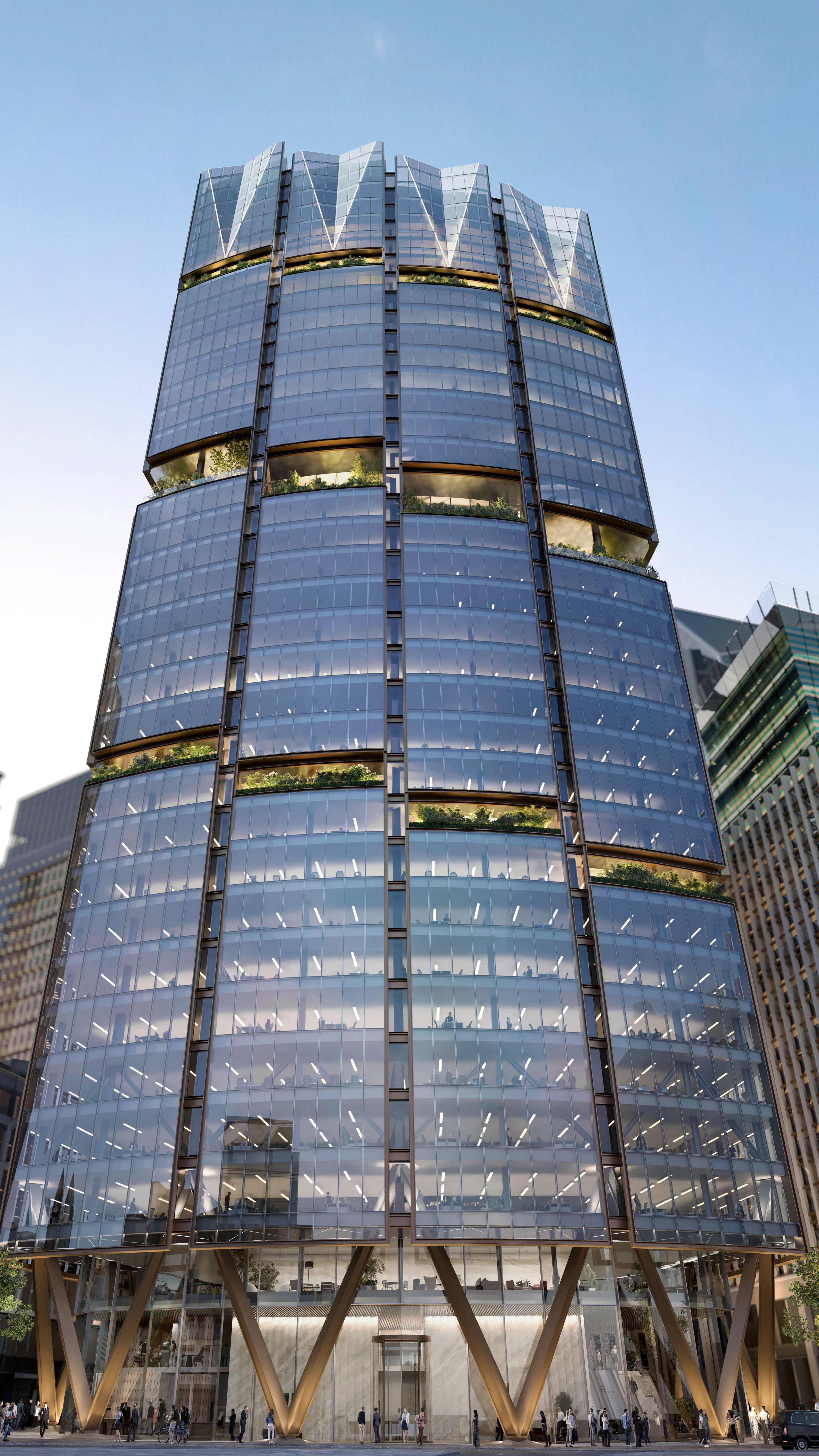 A tall, modern skyscraper sits in a urban London setting, composed of multiple tiers of reflective glass panels, greenery and garden terraces.
