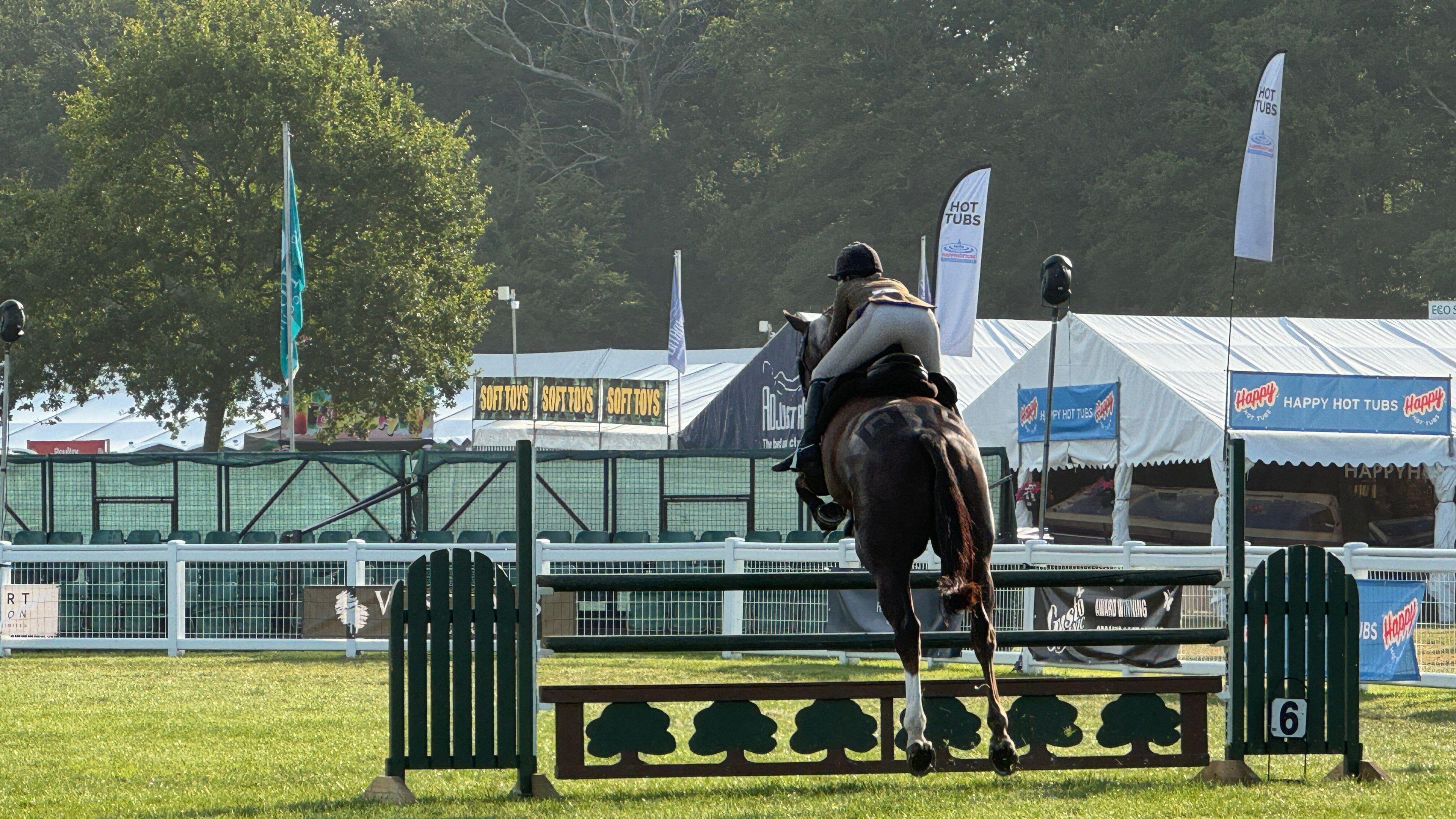 A horse with a jockey on jumping a fence. In the background there are an array of different marquees.