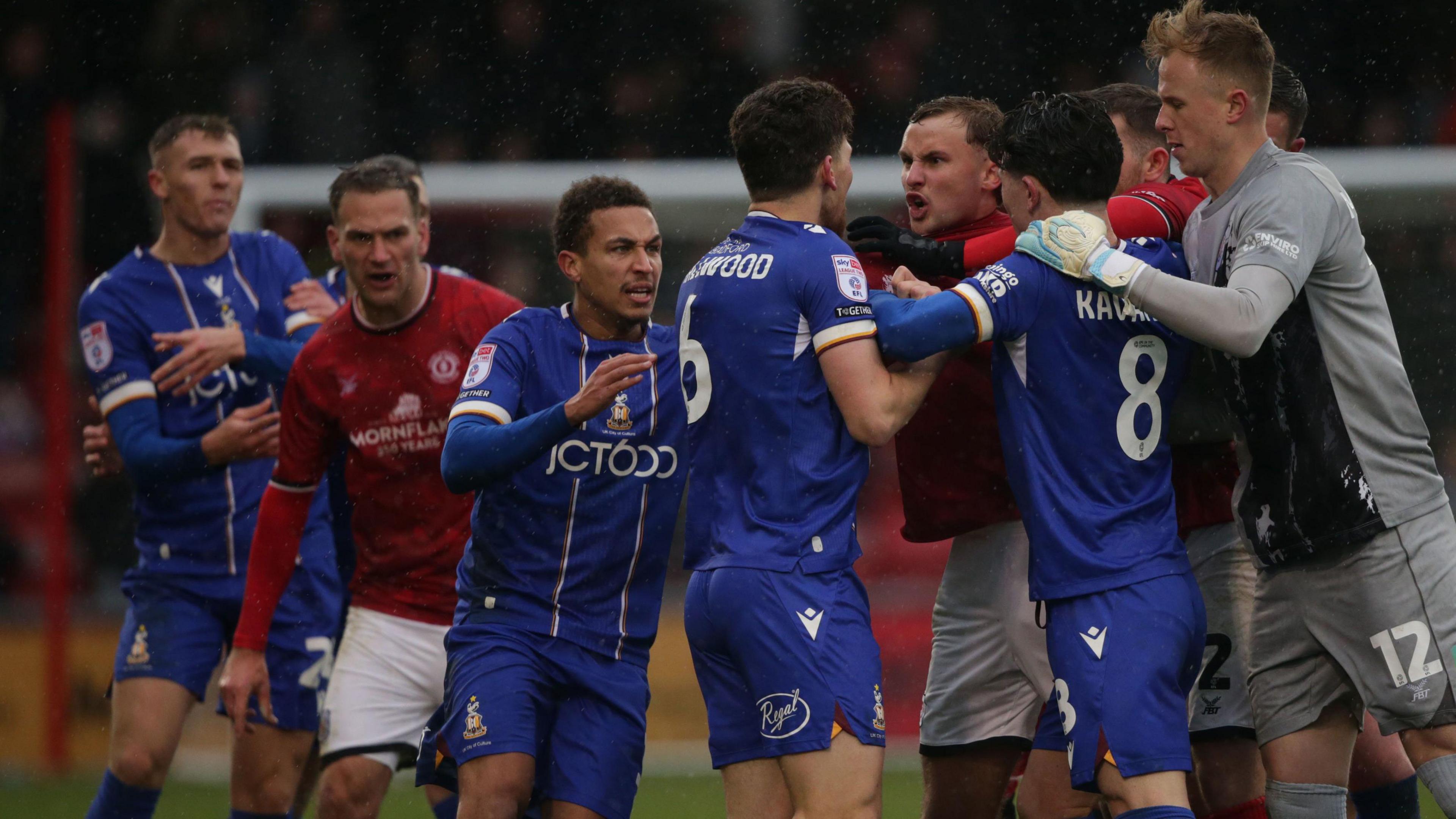 Crewe Alexandra and Bradford City players clash after the incident that led to the 57th-minute dismissal of Bantams scorer Alex Pattison