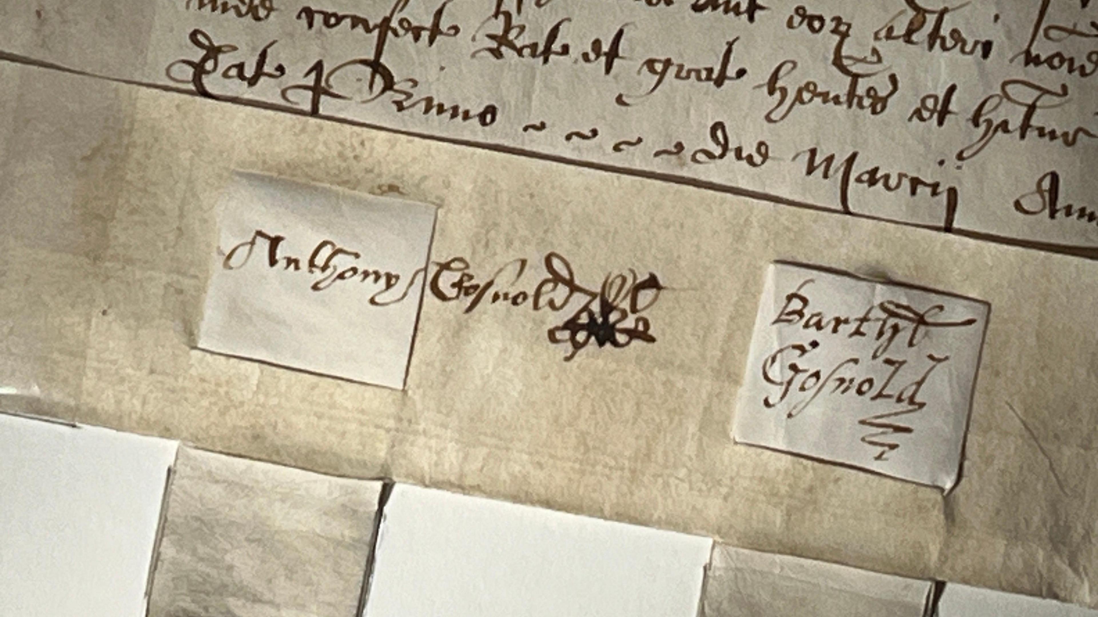 A close up of the signature of Bartholomew Gosnold, written on paper that has now turned a beige colour due to age.  