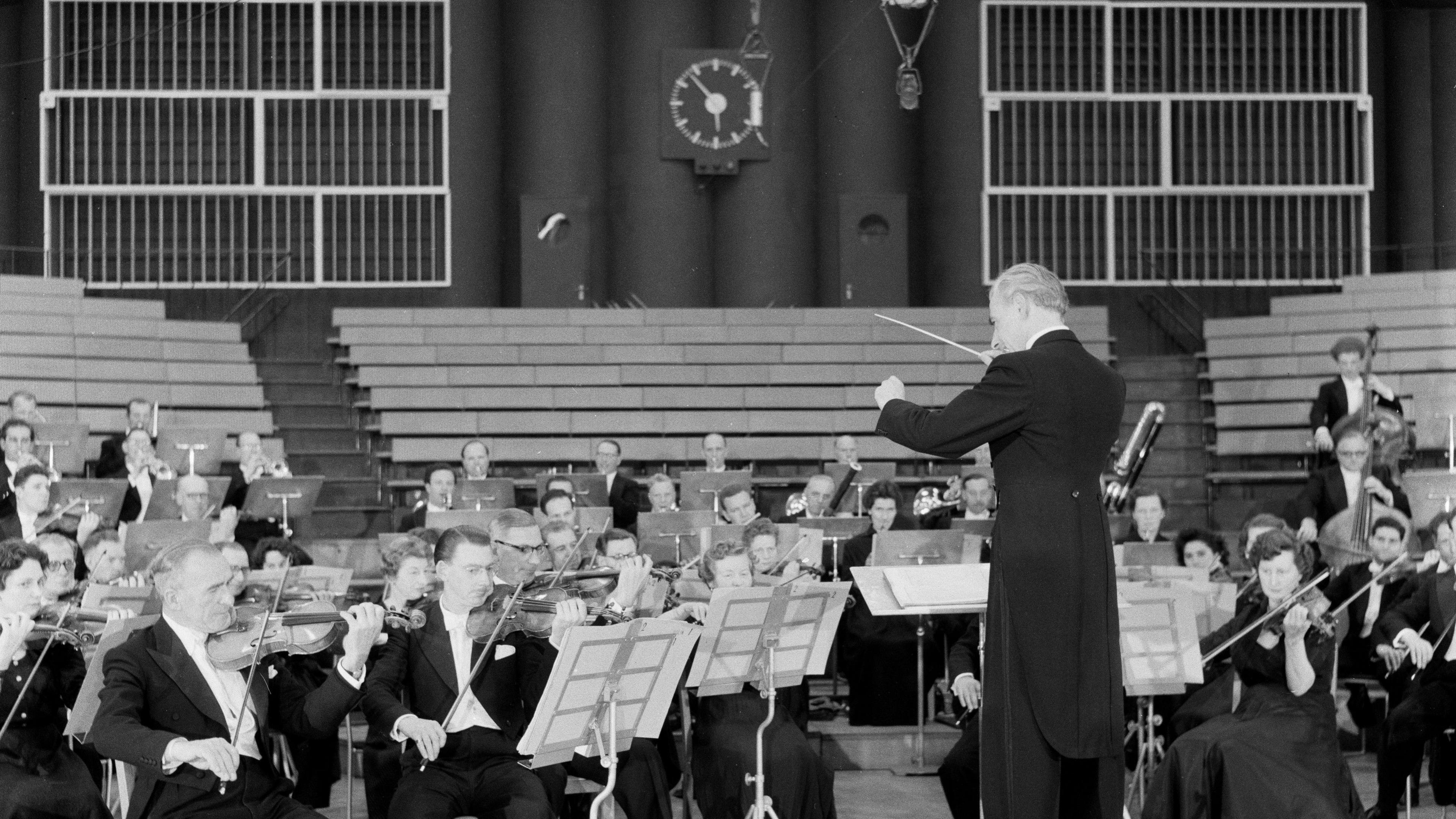 Rudolf Schwarz rehearsing with the BBC Symphony Orchestra in the Maida Vale studios in 1957