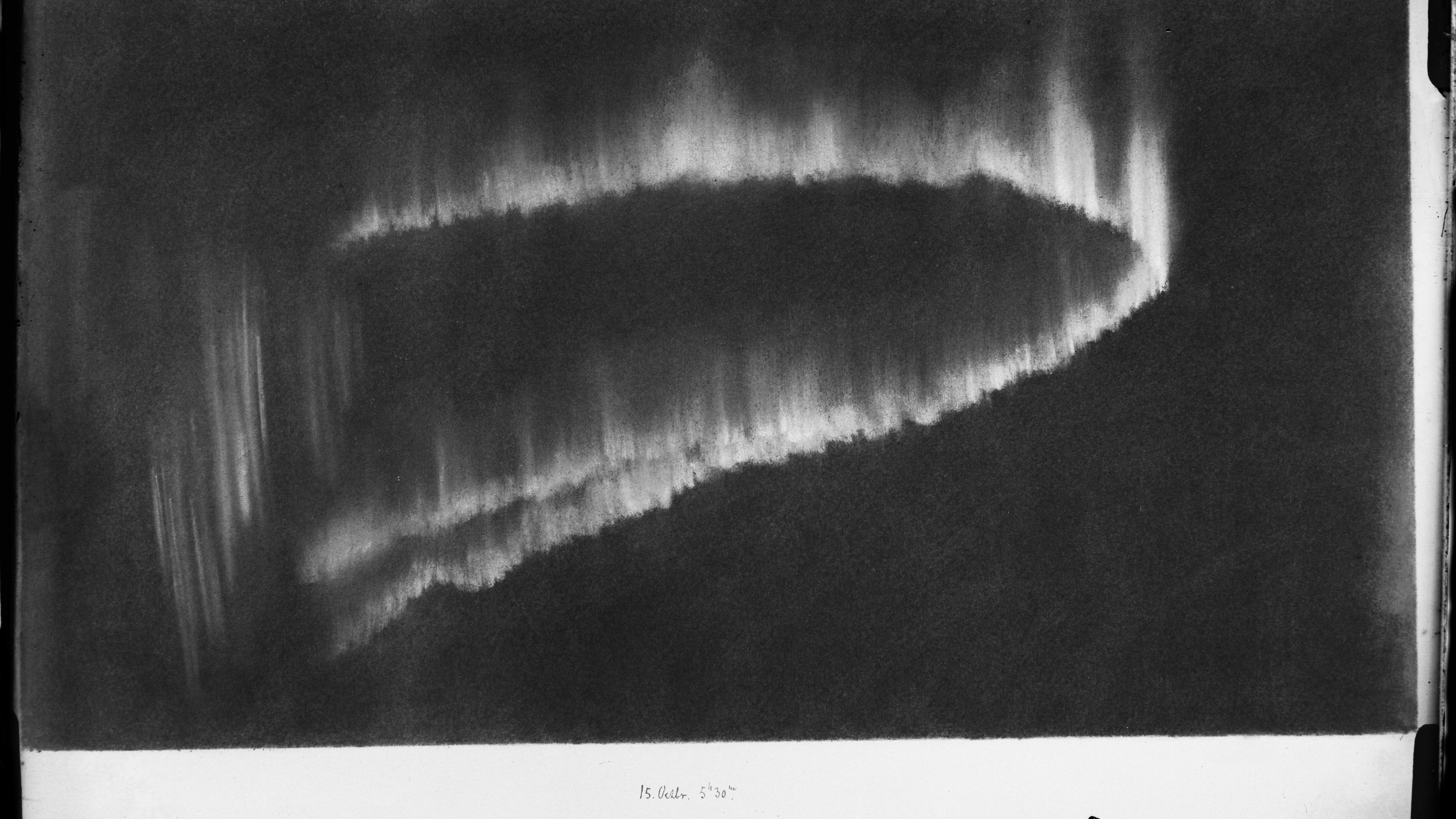 A grainy black and white photograph of a sketch of the Northern Lights taken in the 19th Century