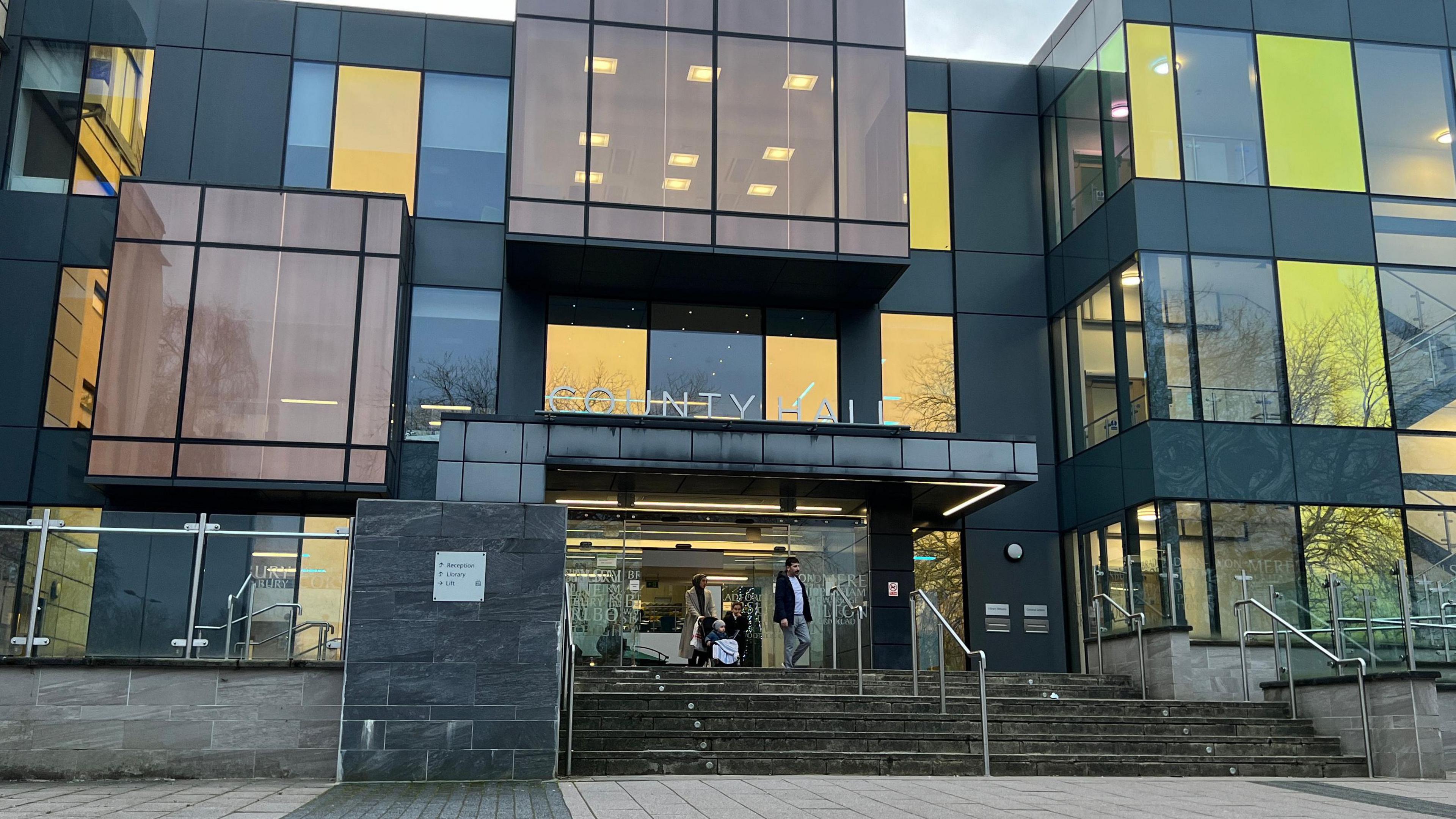 The steps of Wiltshire County Hall in Trowbridge