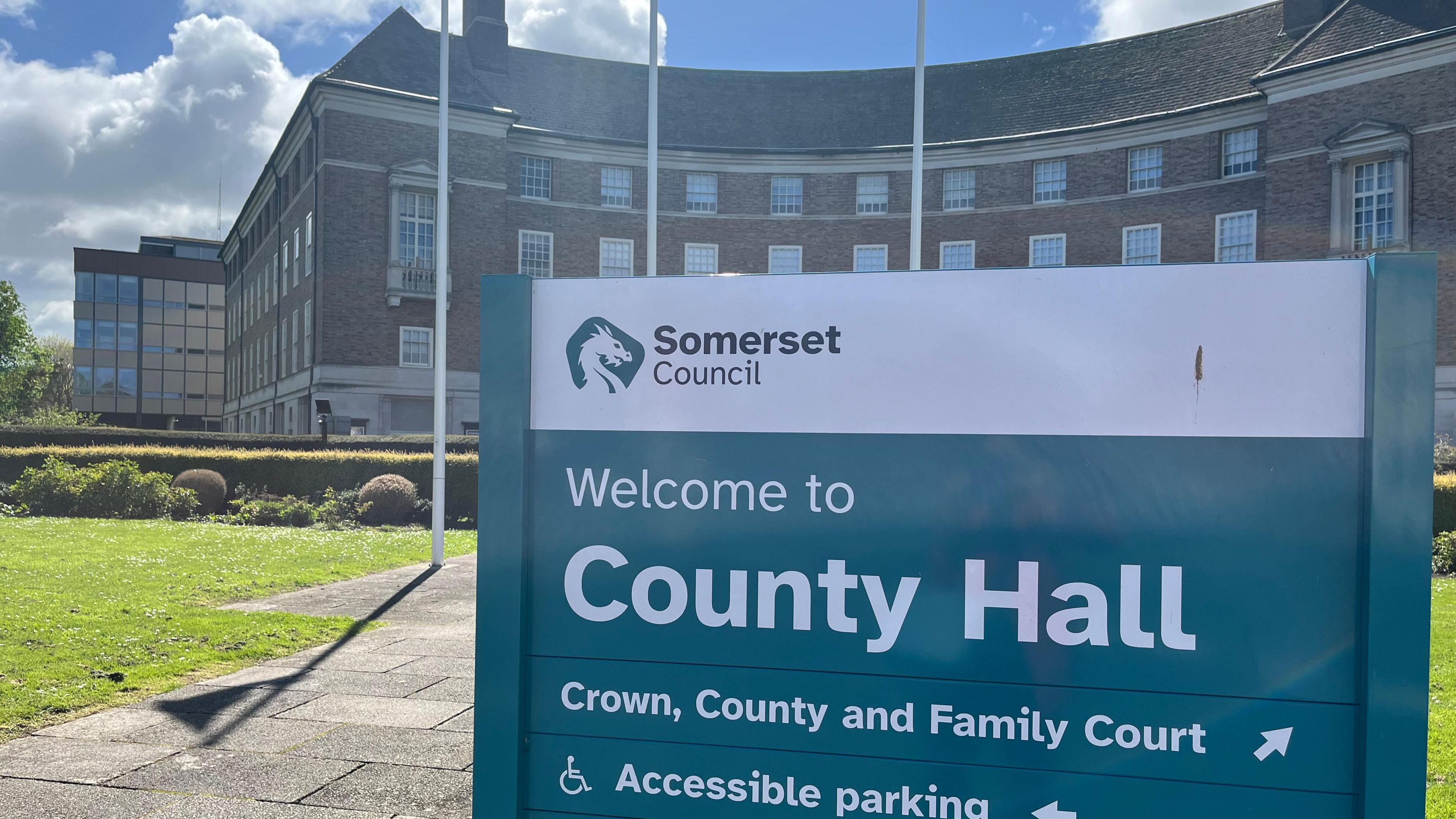 Somerset Council sign and County Hall Building