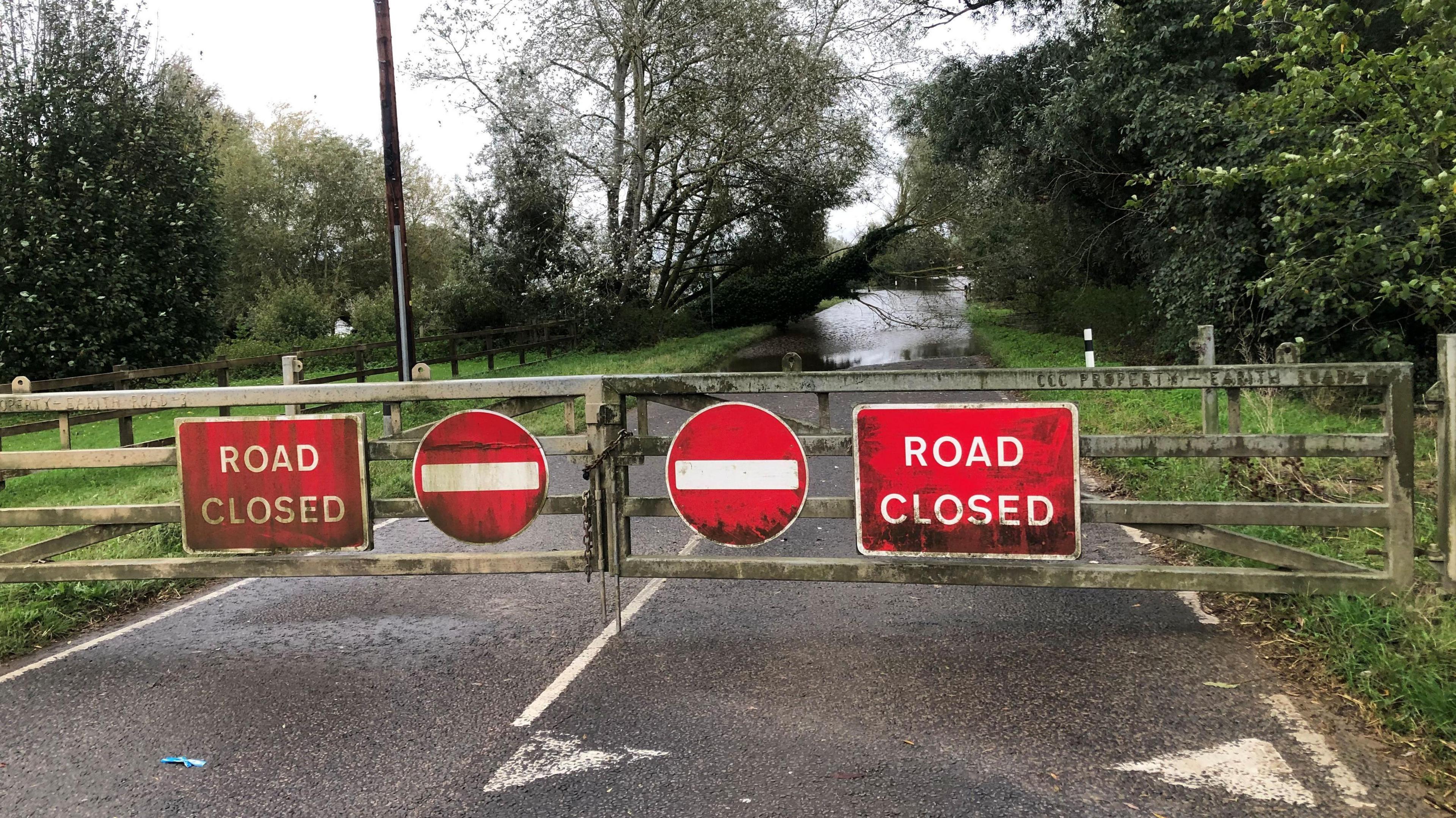 The A1123 Earith causeway road, with red 'road closed' and 'no entry' signs in place on a four-bar double gate, padlocked in the middle. The flooded road beyond has a fallen tree across the carriageway and it winds into the distance.