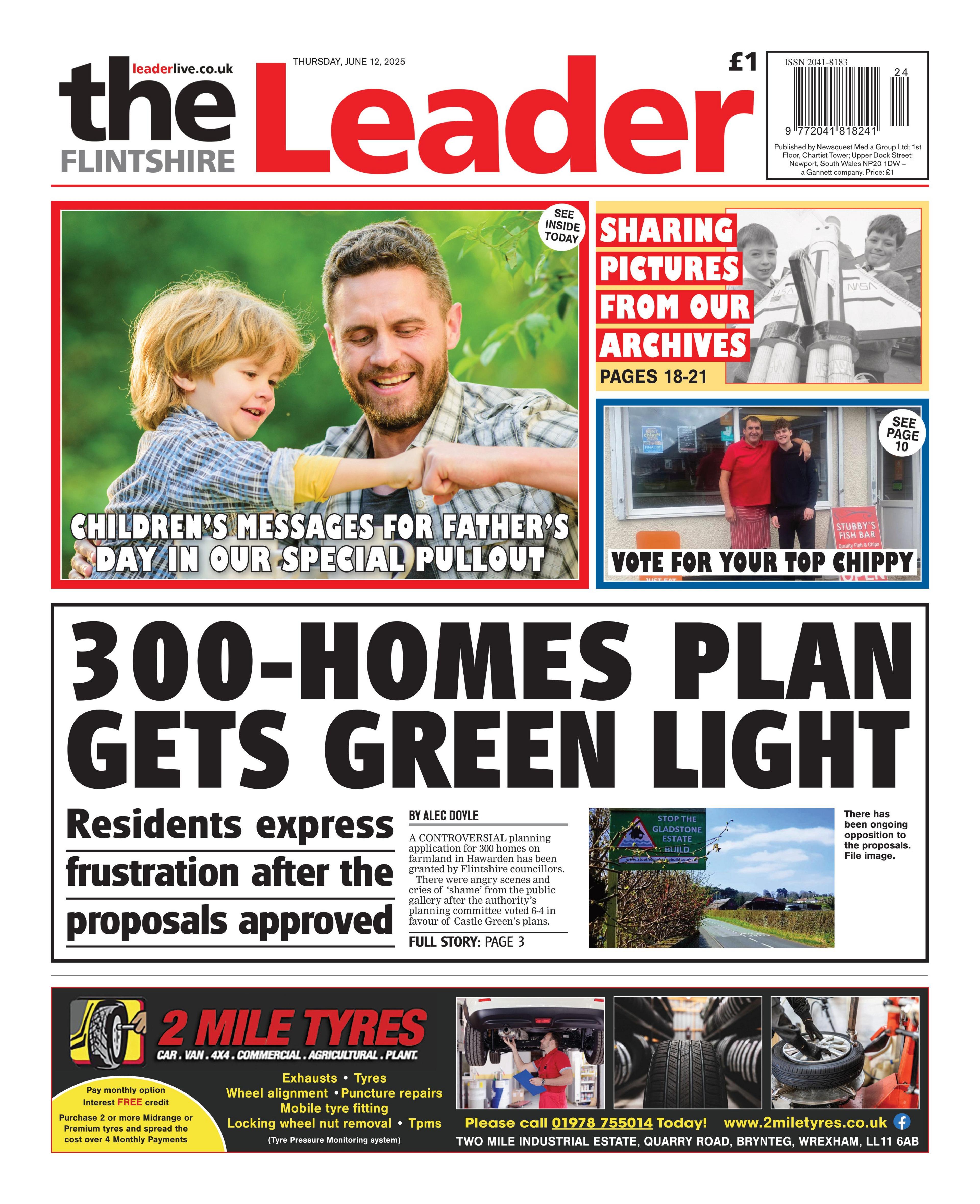 The Flintshire Leader front page, with a main headline reading "300-homes plan gets green light". 