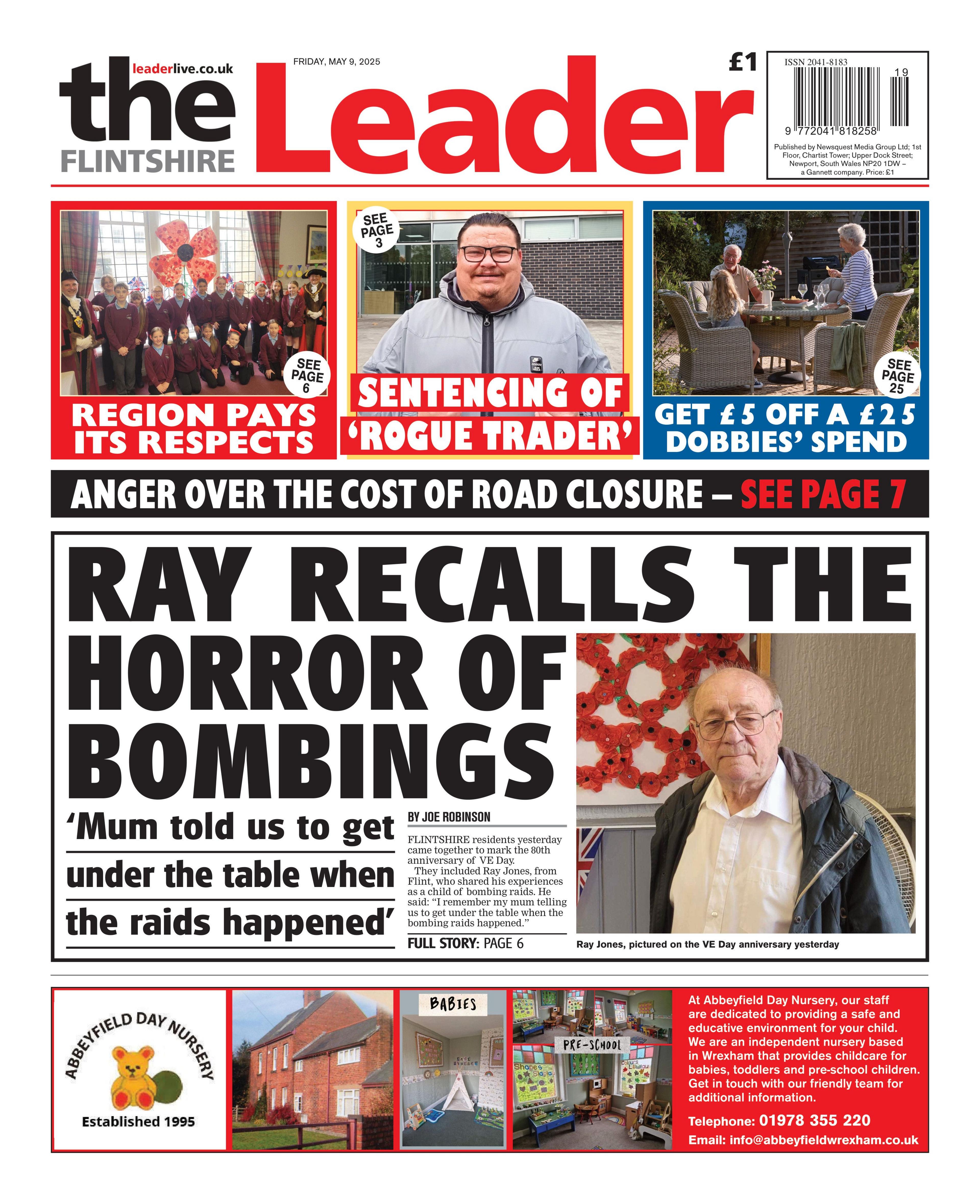 Front page of the Flintshire Leader has a picture of an older man beside the headline Ray recalls the horror of bombings 