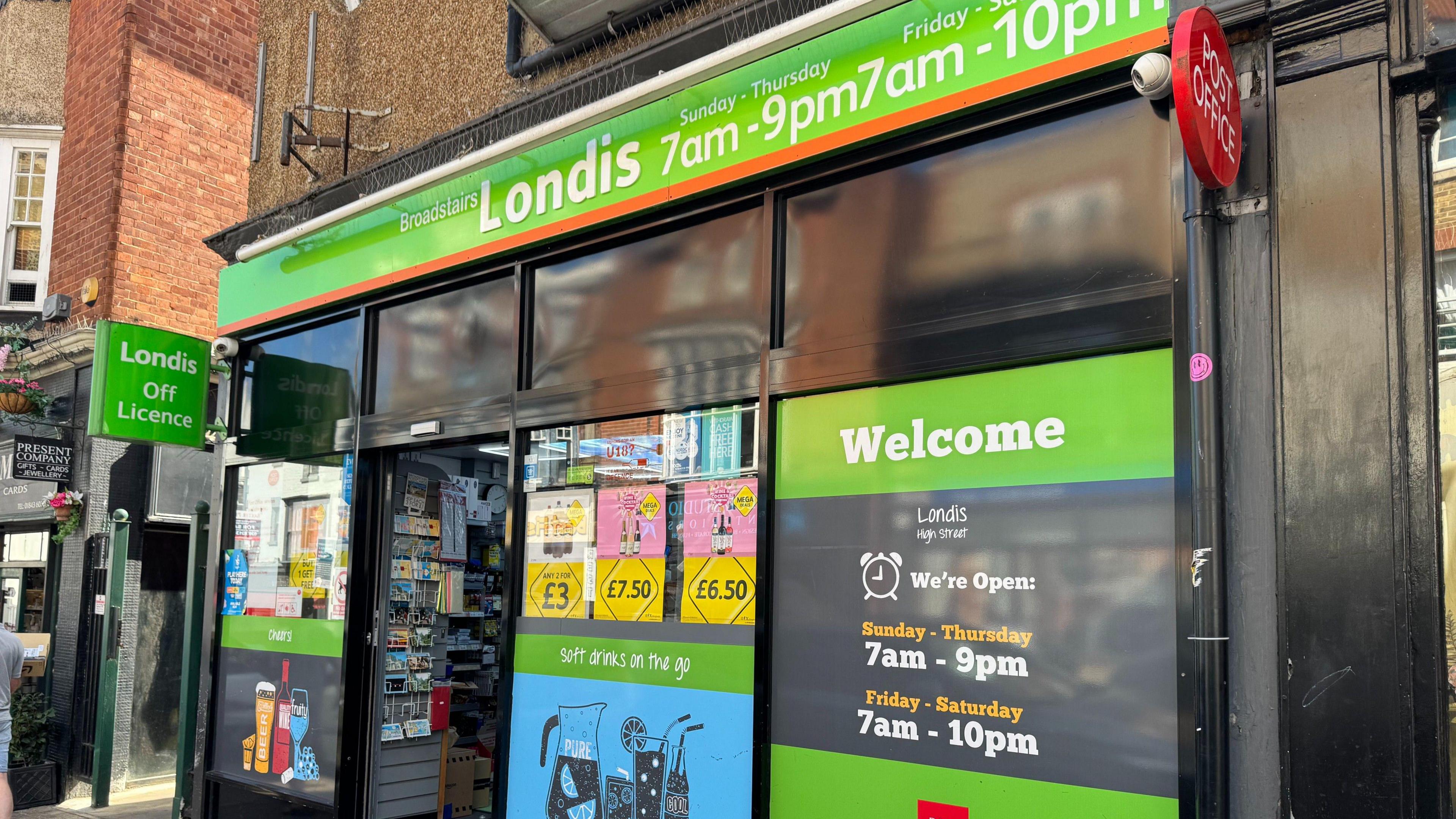 The exterior of the Londis in Broadstairs, with the name of the shop written in white lettering on a lime green background.