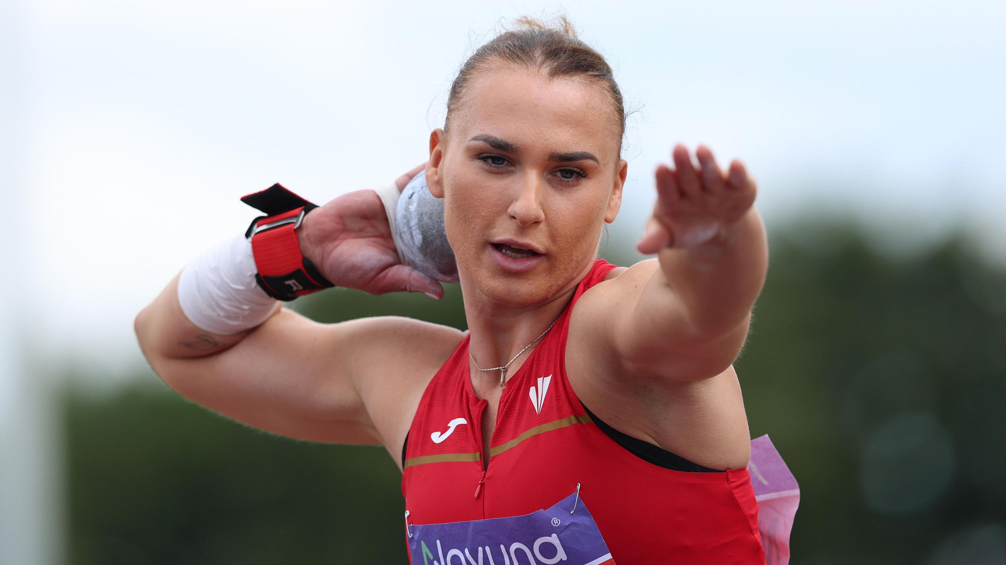 Adele Nicoll prepares for a throw in the shot put
