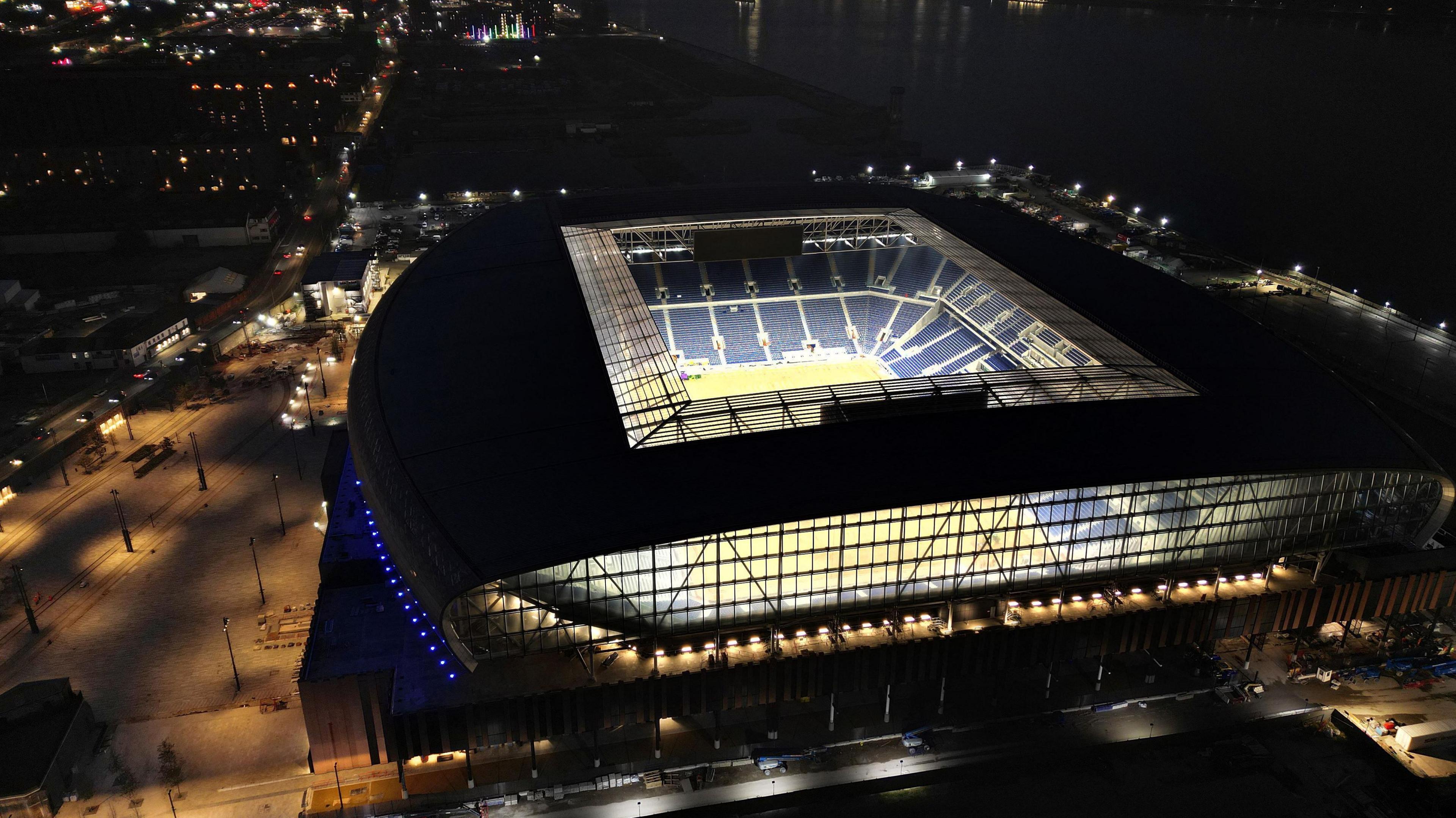 An aerial view of Everton's new stadium at Bramley Moore Dock, looking towards Liverpool city centre