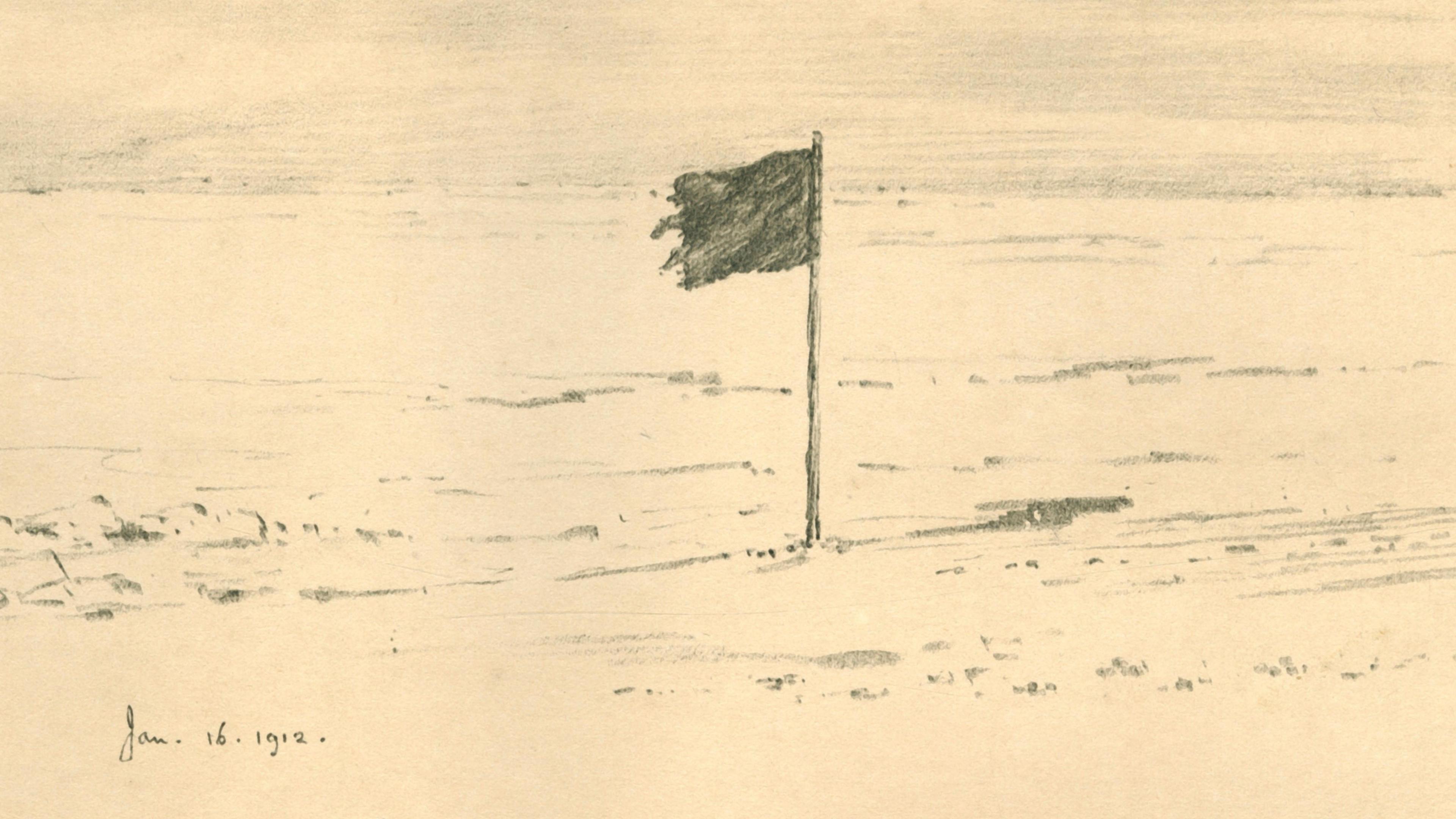 'Amundsen's Black Flag Within A Few Miles of the South Pole', 16 January 1912, sketched by Dr Edward A Wilson