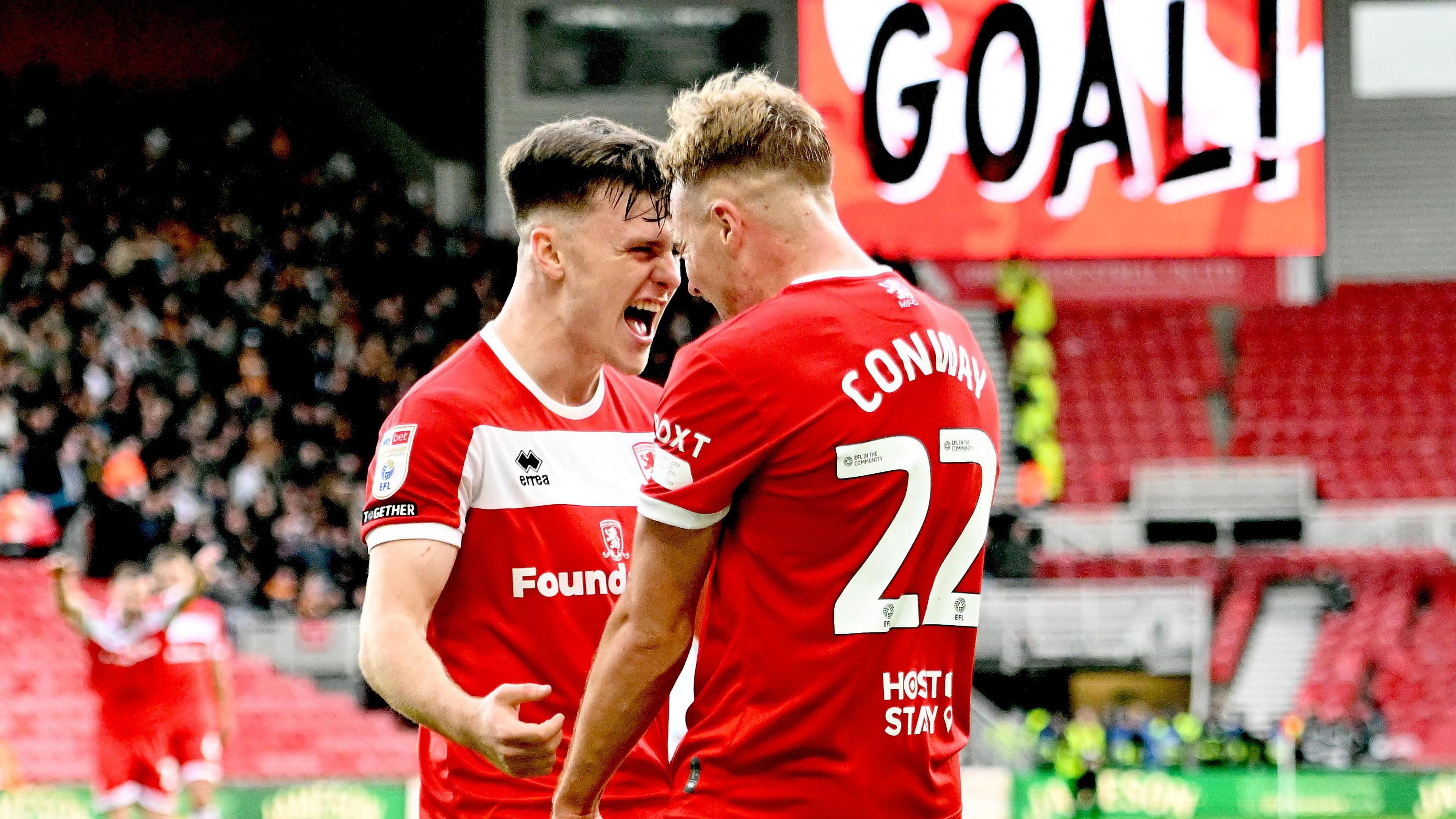 Middlesbrough's Ben Doak and Tommy Conway celebrating together after Conway's second goal against Hull City.