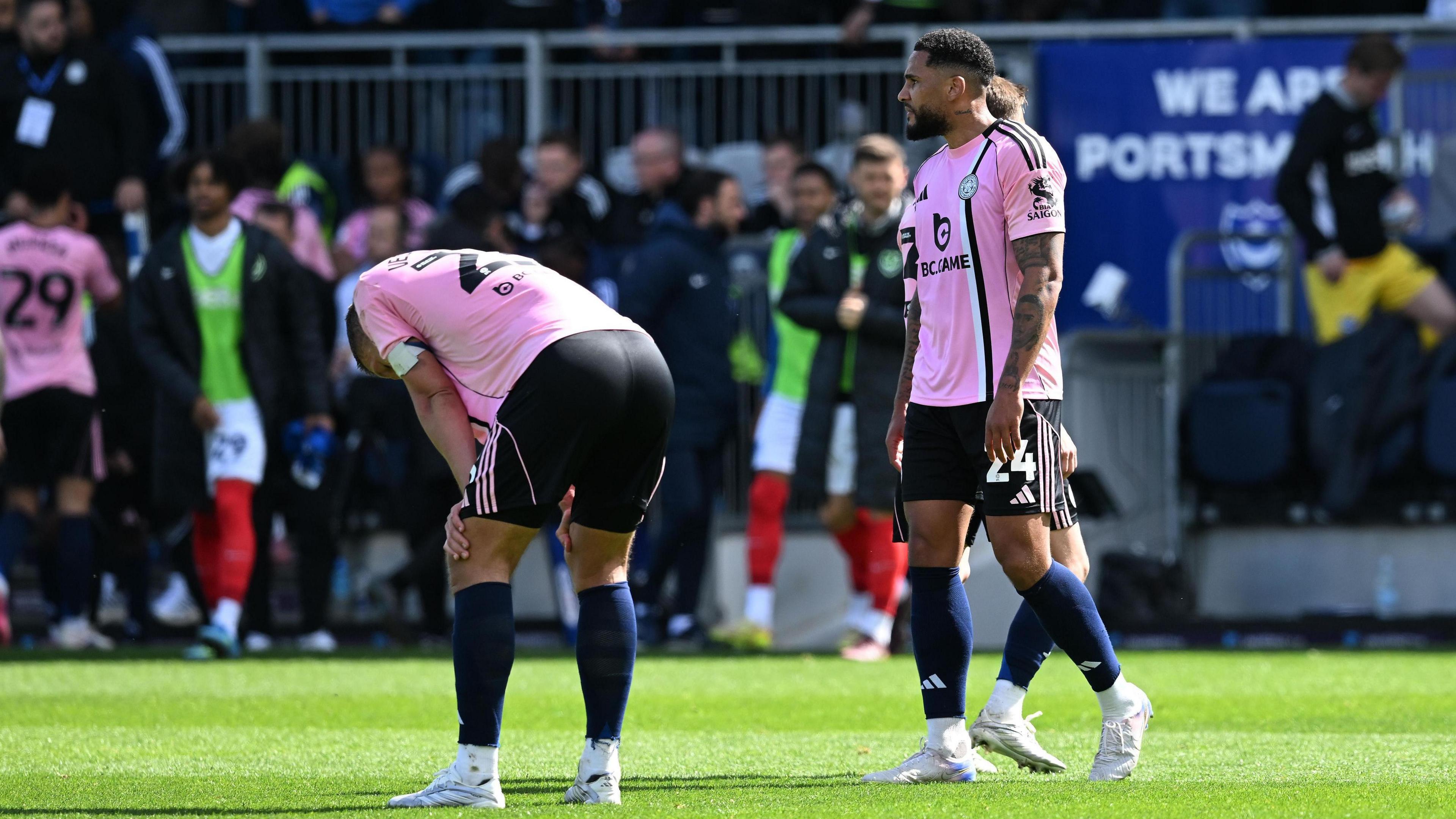 Jannik Vestergaard (23) of Leicester City looks dejected at full time