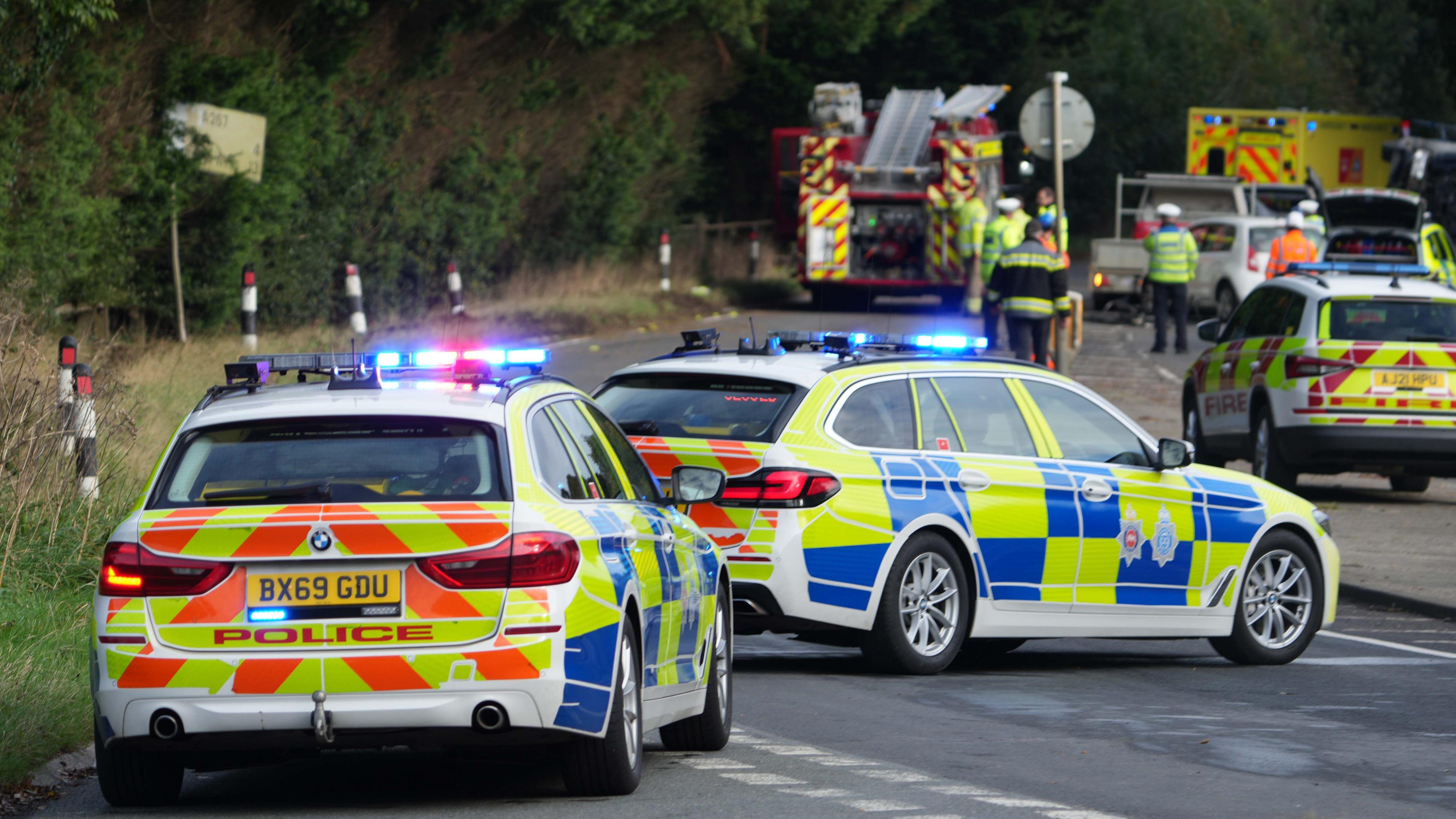 Two police cars with more emergency services in the background on the road