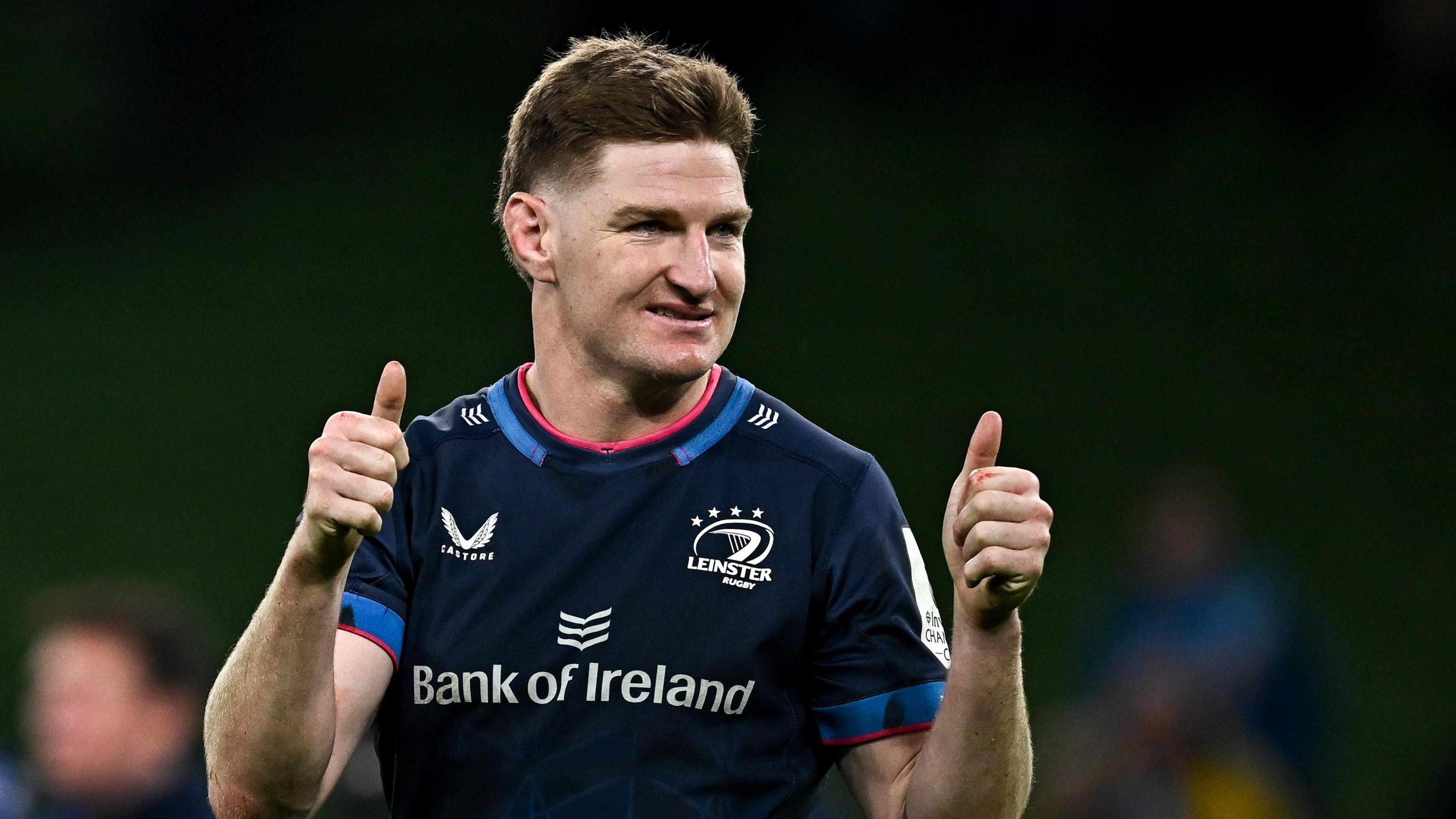 Leinster's Jordie Barrett gives the crowd the thumbs up 