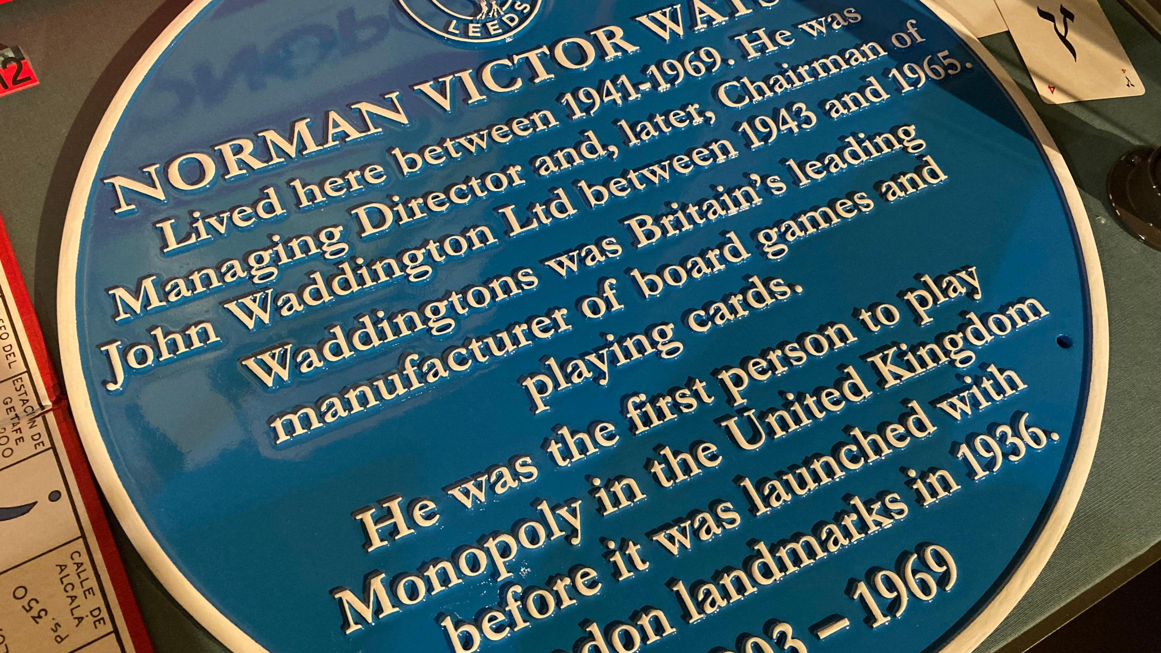 A Leeds Civic Trust plaque for Norman Victor Watson who was the first in the UK to play a game of Monopoly in Horsforth, Leeds