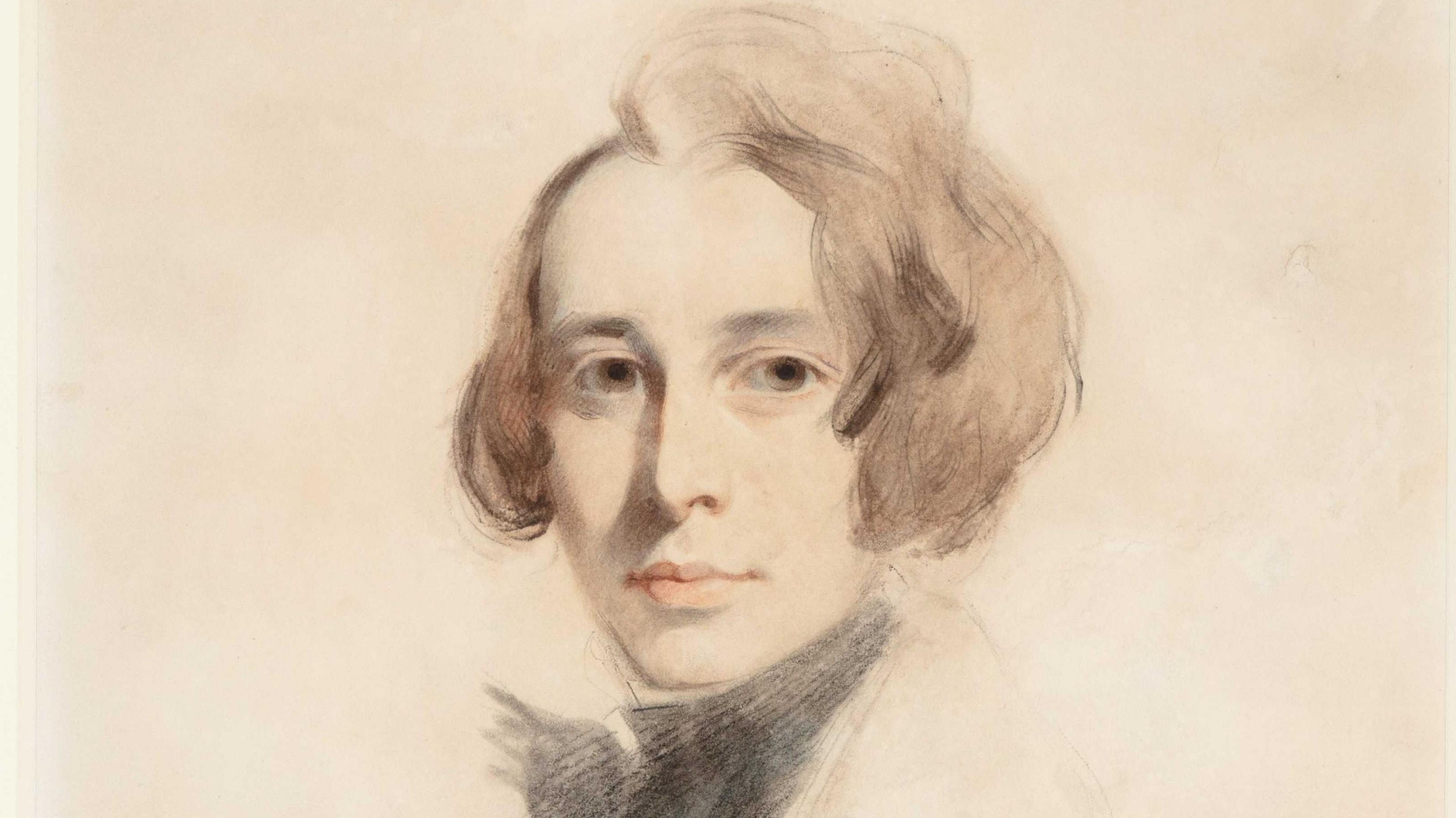 A sketch of a young Charles Dickens. He is clean-shaved and has brown eyes and brown hair. He is wearing a black cravat. 