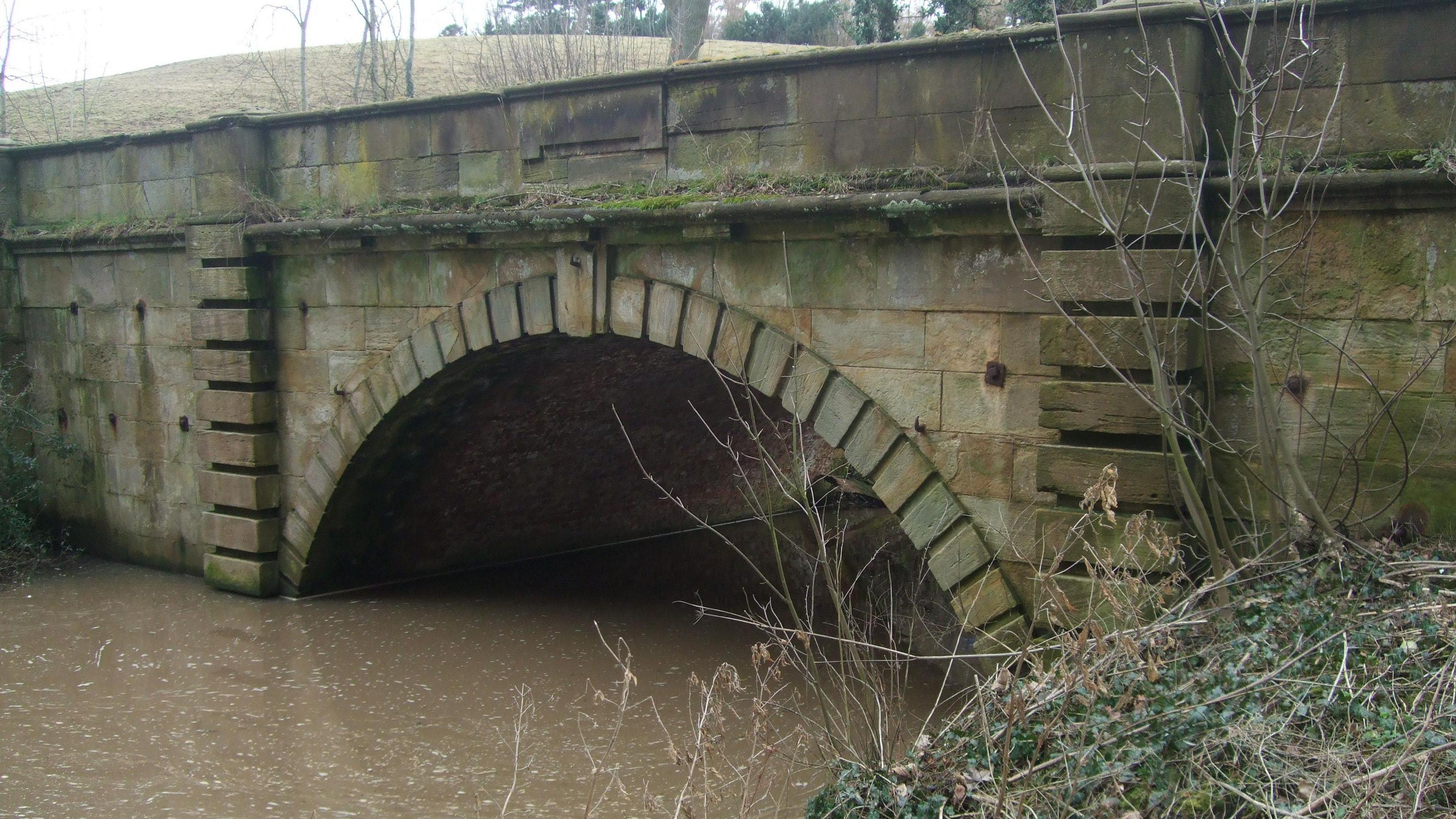 A stone bridge over brown water with single semi-circular arch. The picture is taken on a cloudy day from an overgrown right bank. A grassy hill is seen beyond the bridge.