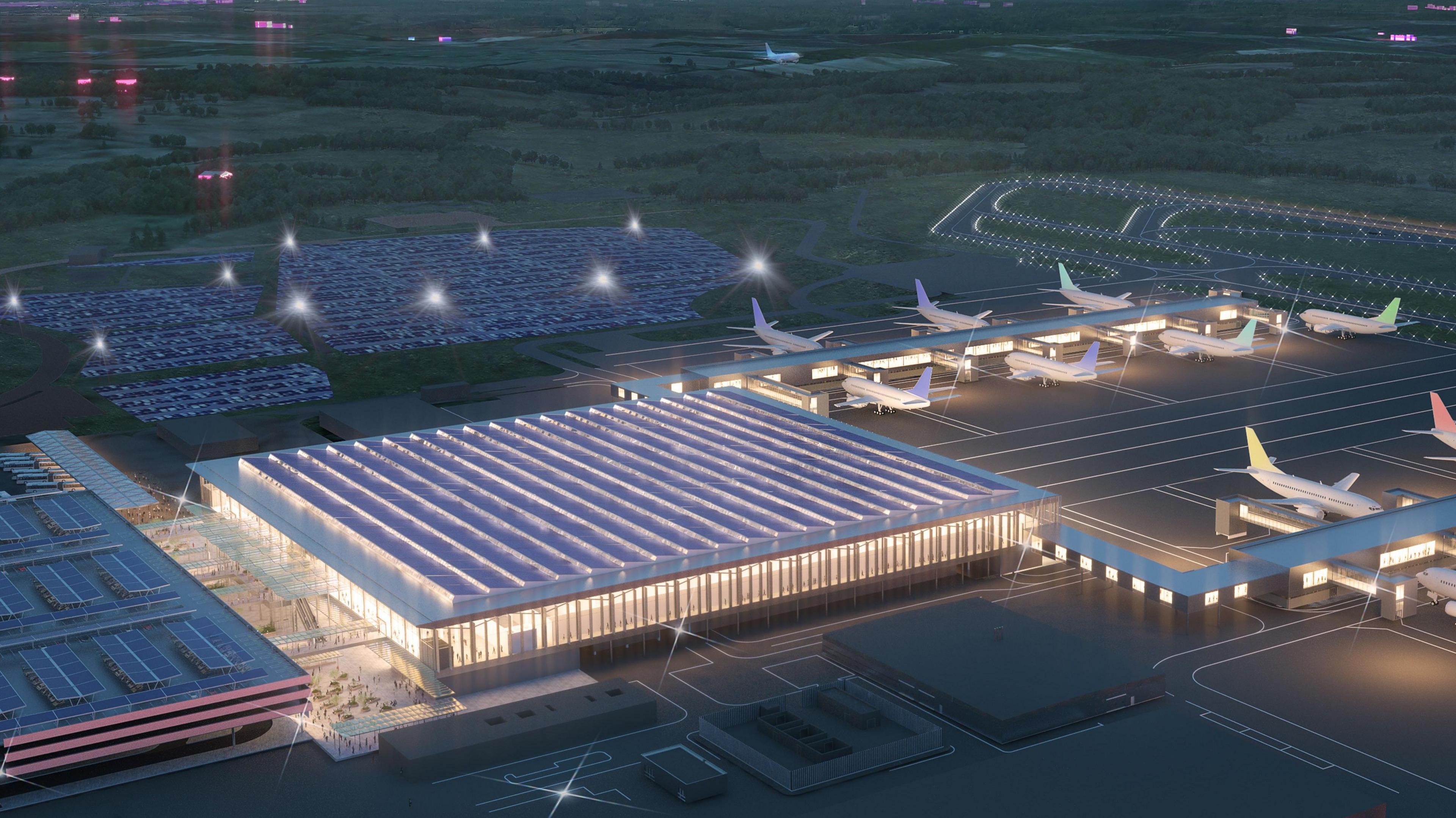 An artist's impression of how London Luton Airport will look with a new terminal building, planes on the ground, and parking areas. It also shows a runway and lights.