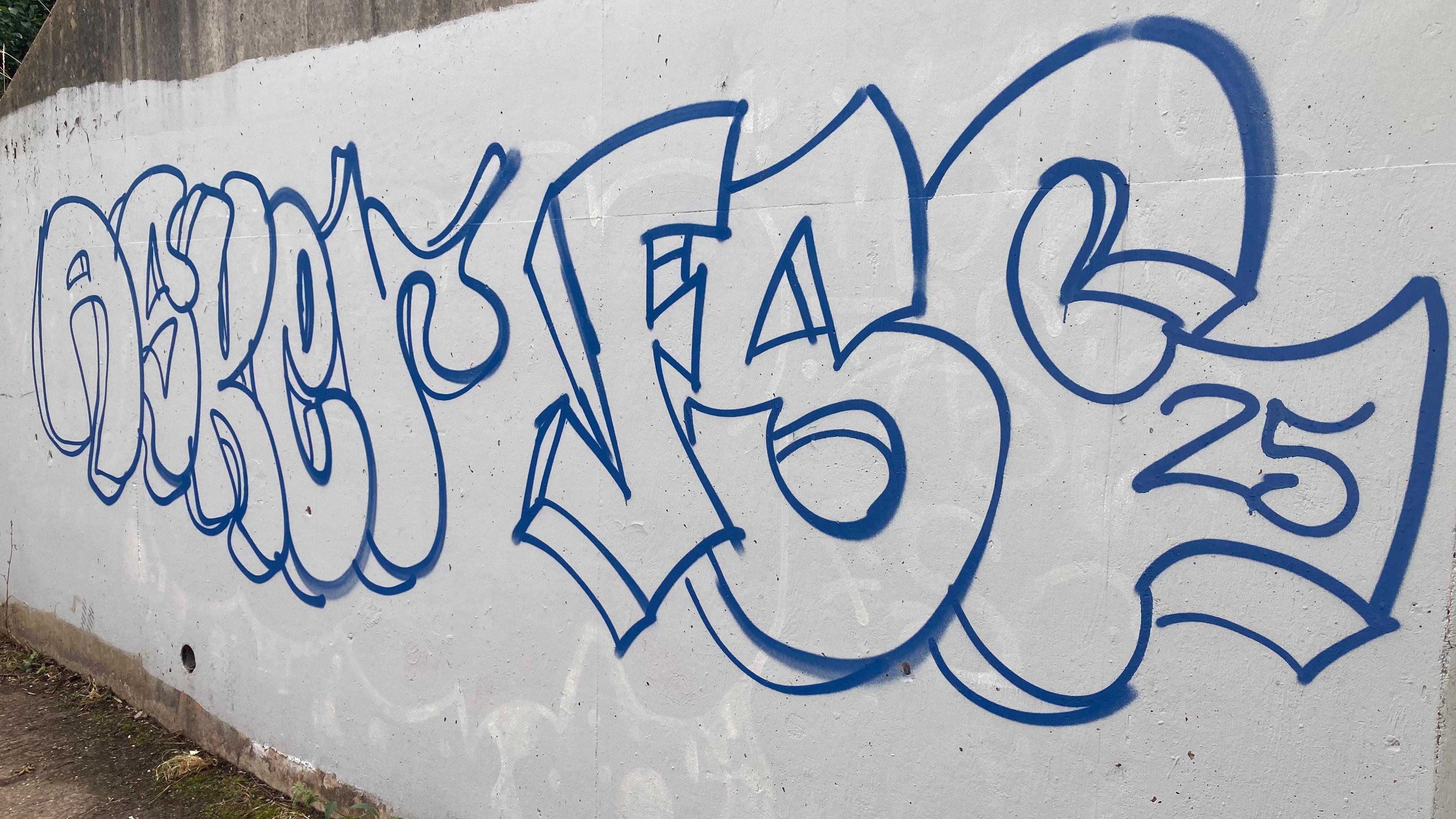A white concrete wall, which is covered in blue squiggles.