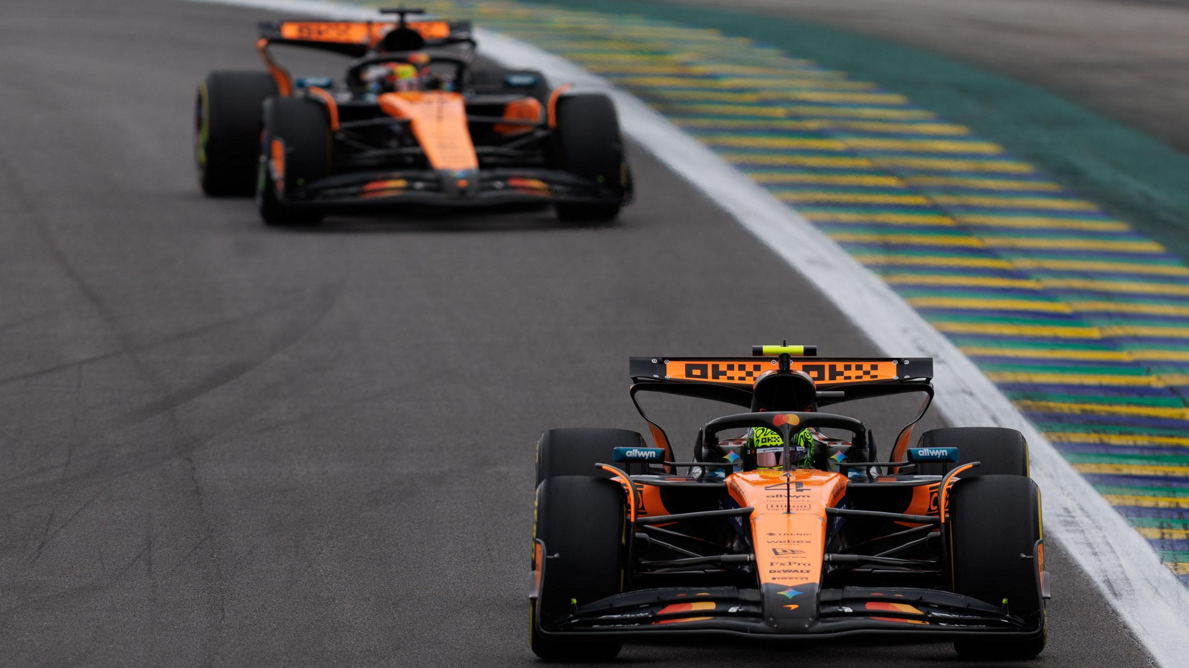 McLaren's Lando Norris with team-mate Oscar Piastri following behind during the Sao Paulo Grand Prix weekend