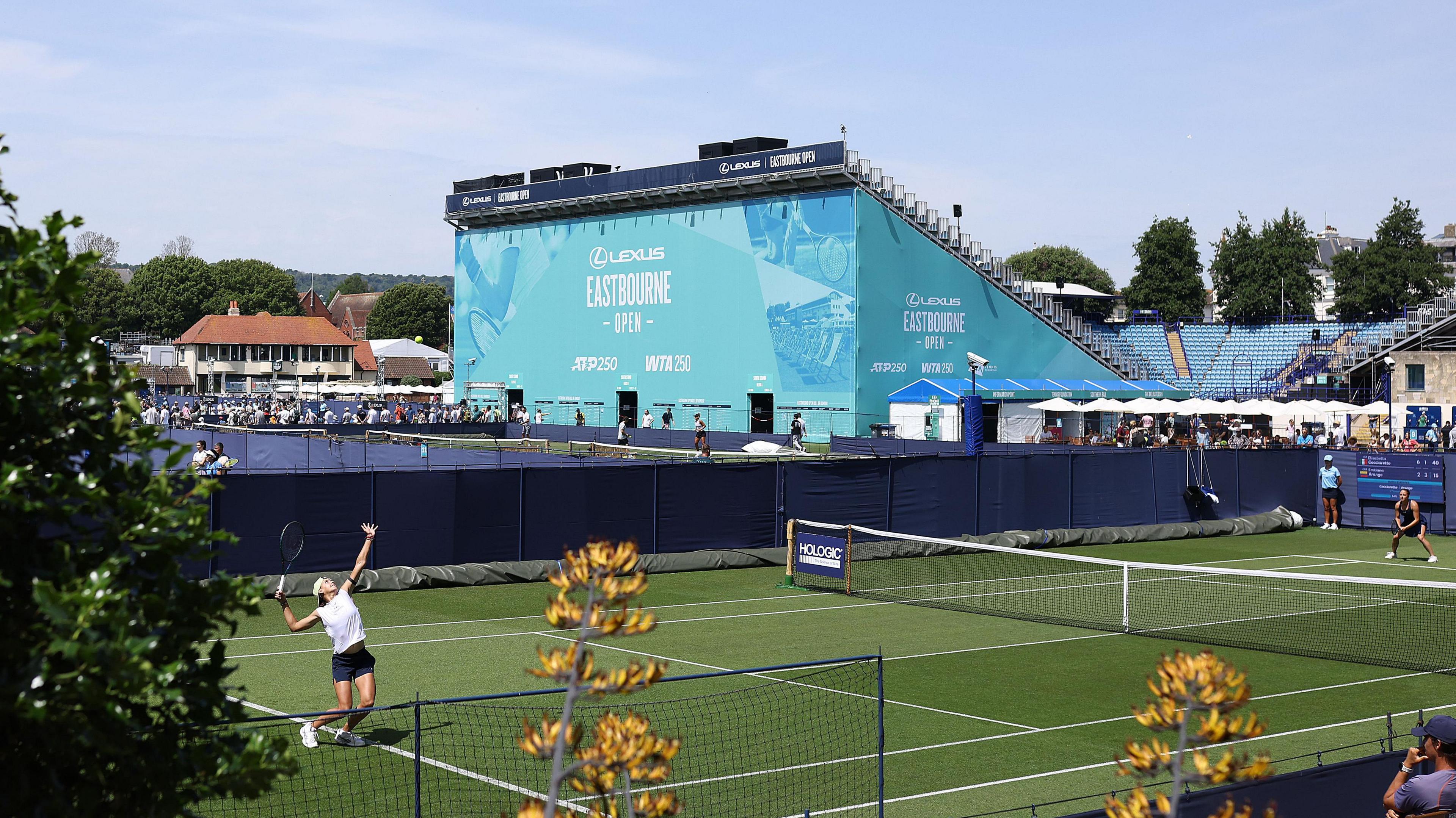 A general view of the action between Elisabetta Cocciaretto of Italy and Emiliana Arango of Columbia during their Women's Singles Round 1 Qualifying match during the Lexus Eastbourne Open at Devonshire Park on June 21, 2025 in Eastbourne.
