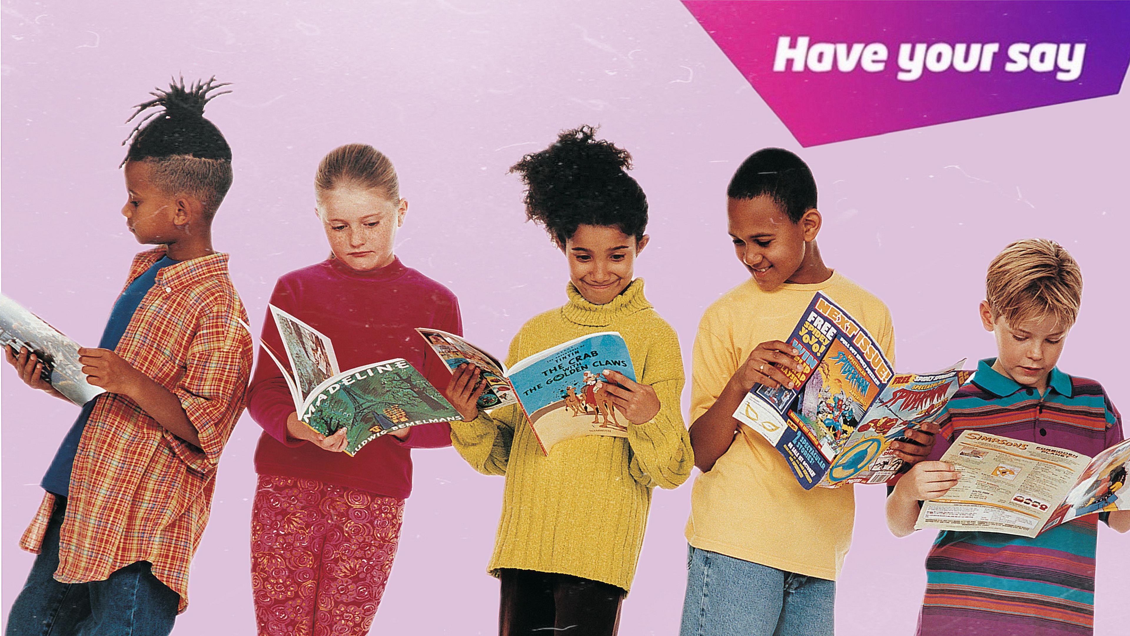 A line of Children enjoying a variety of reading material from books to
Comics.