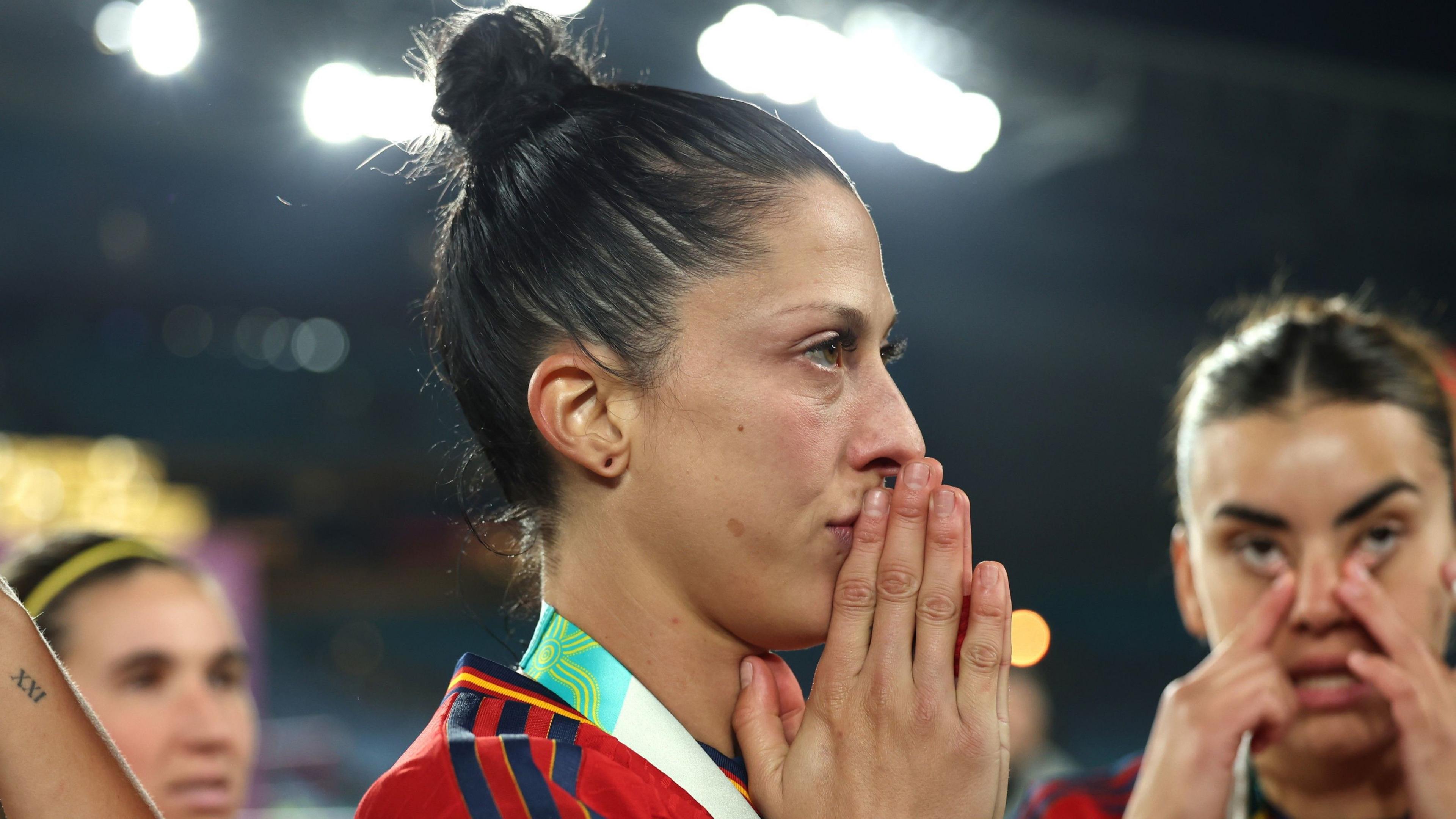 Jenni Hermoso watches on during the World Cup trophy presentation