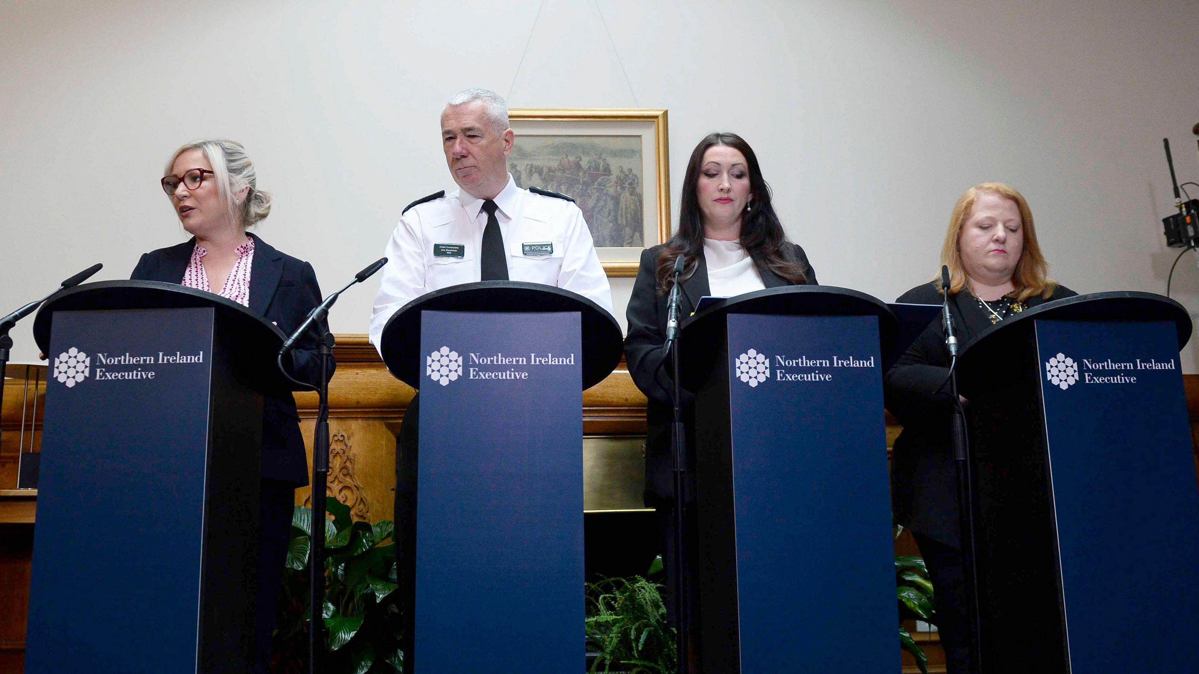 (left to right) First Minister of Northern Ireland Michelle O'Neill, PSNI Chief constable Jon Boucher, Deputy First Minister Emma little-Pengelly and Alliance Party leader Naomi Long speaking to the media at Stormont Castle, Belfast